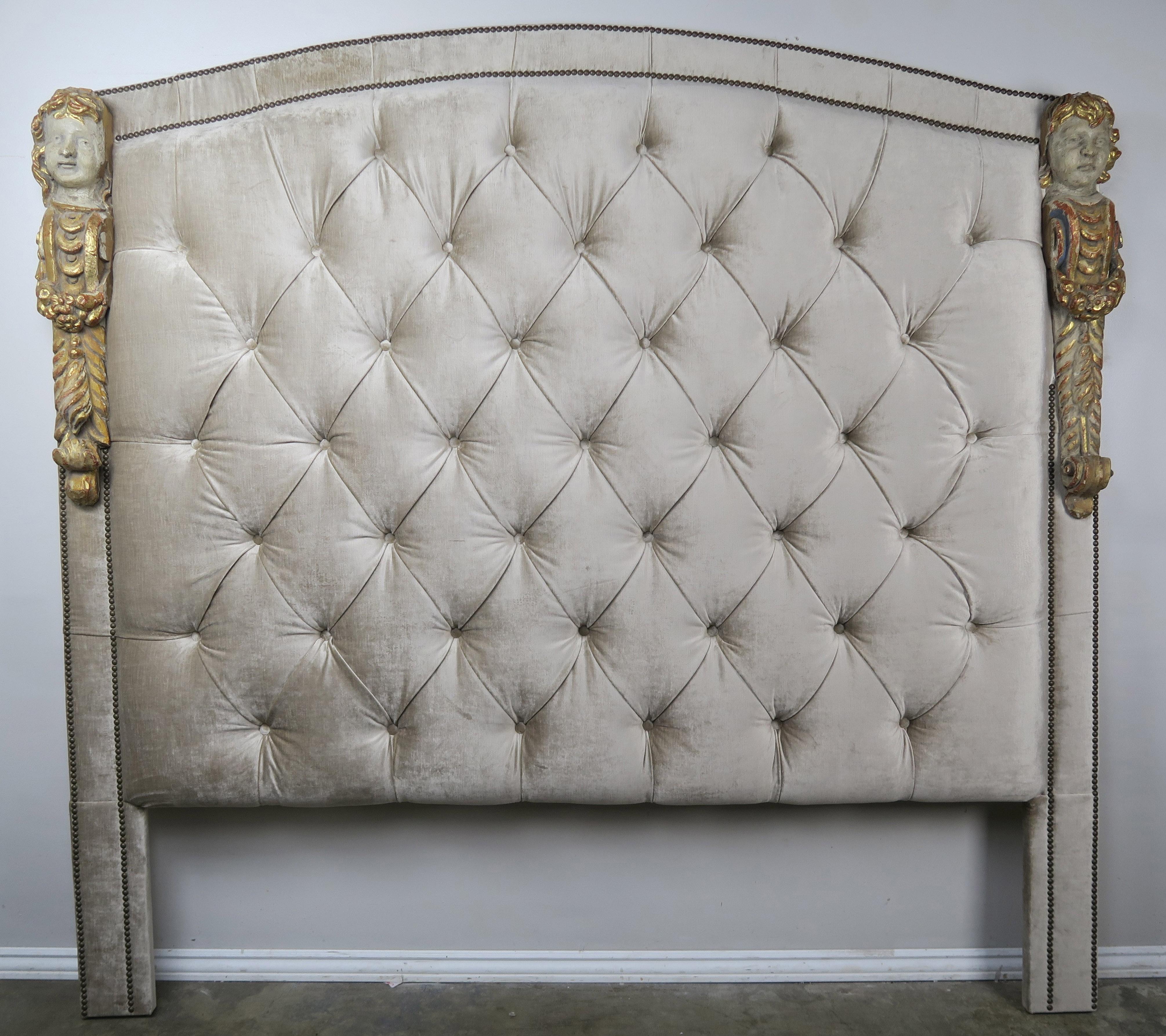 Carved Polychrome Cherub Velvet Tufted Headboard-King Size 6