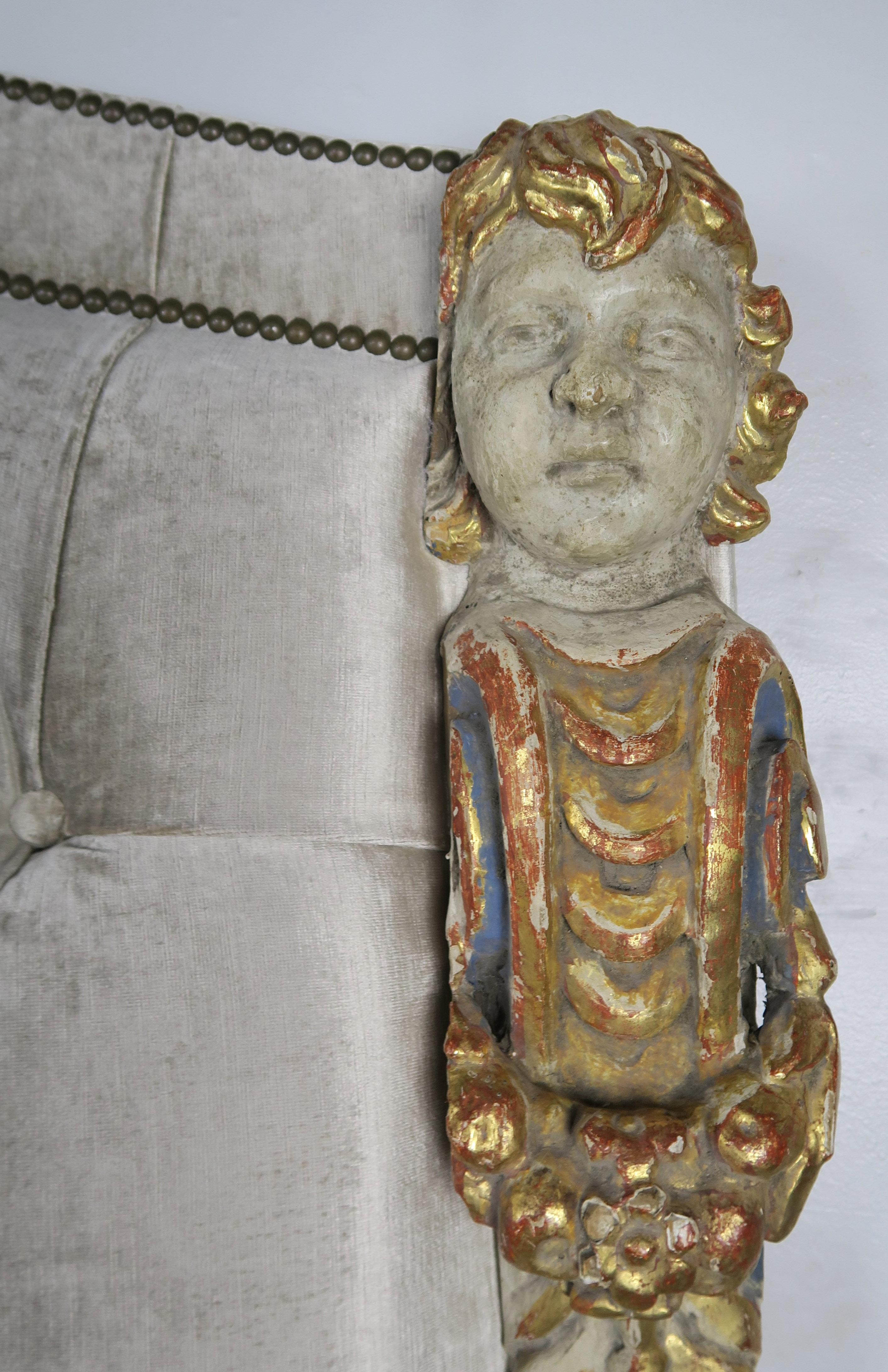 Baroque Carved Polychrome Cherub Velvet Tufted Headboard-King Size