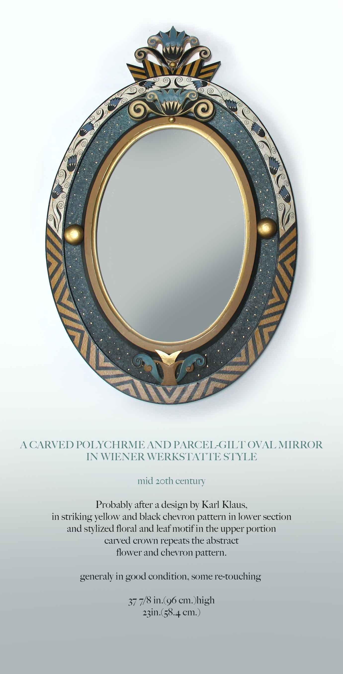 Ovaler Spiegel mit geschnitztem Polychrom und vergoldetem Paket im Stil der Wiener Werkstatte  im Angebot 4