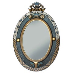 Carved Polychrome & Parcel Gilt Oval Mirror in Wiener Werkstatte Style