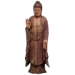 Antique Carved Polychrome Standing Buddha Figure