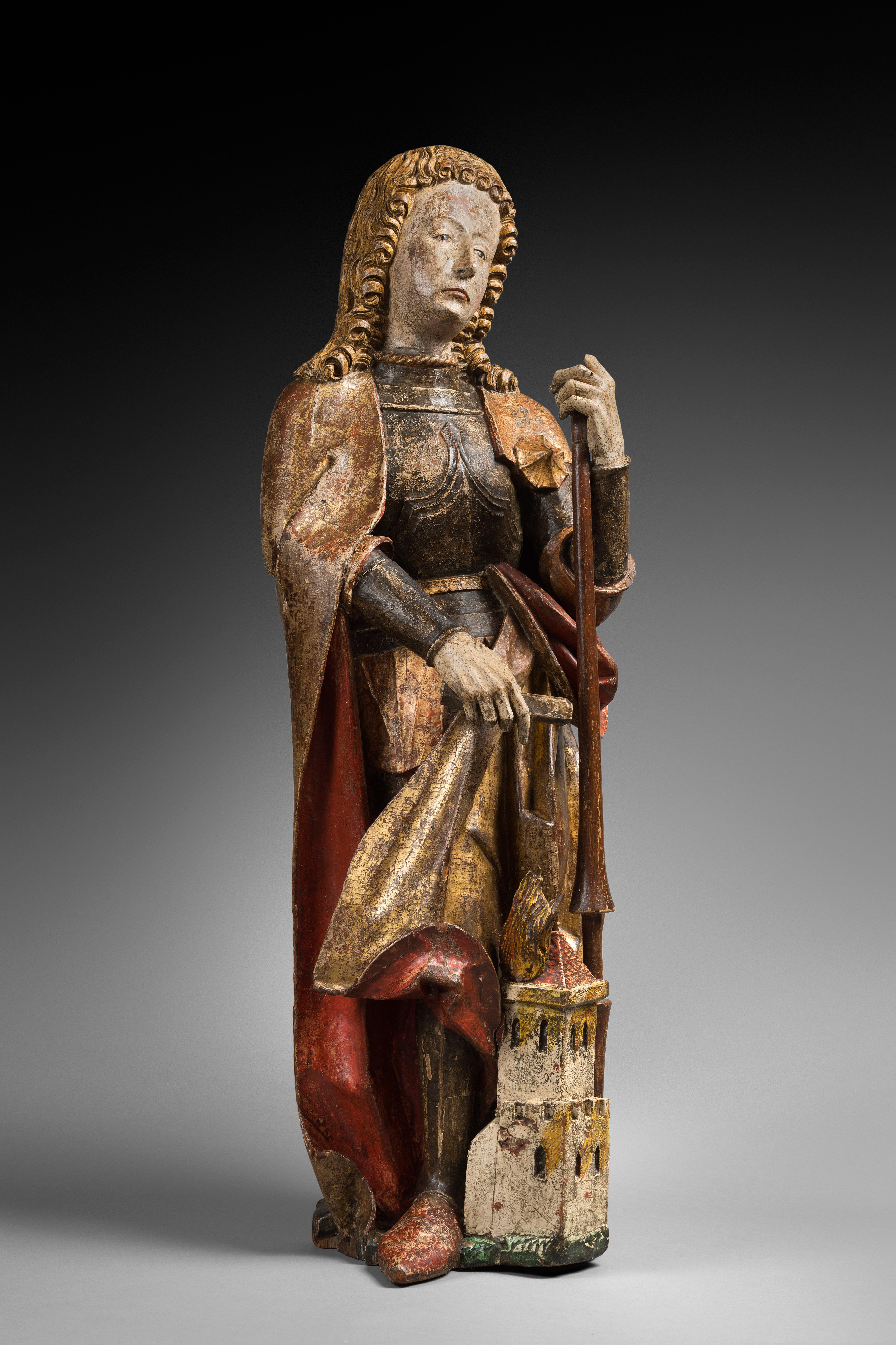 LEGNO INTAGLIATO E POLICROMO RAFFIGURANTE SAN FLORIANO

ORIGINE : SVEZIA, GERMANIA MERIDIONALE
PERIODO: TARDO XV SECOLO

Altezza: 98 cm
Lunghezza: 29 cm
Profondità: 24 cm

Legno di tiglio policromo
Condizioni molto buone

Provenienza 
- Collezione
