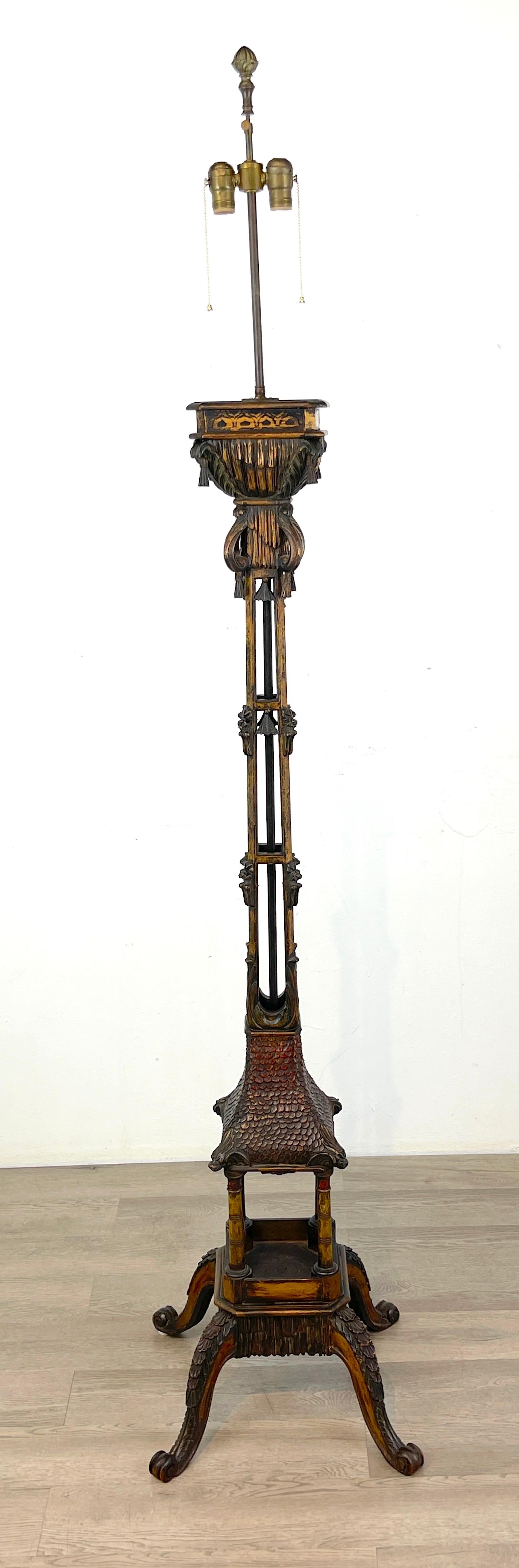 Carved & polychromed wood Chinoiserie pagoda motif floor lamp
England, Circa 1900s
An extraordinary carved and polychromed substantial chinoiserie pagoda floor lamp, standing 64-Inches high to the top of the column, 84 total inches high ( the