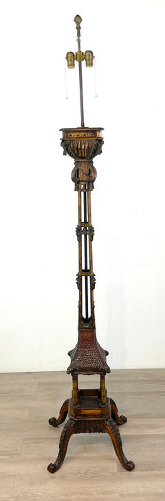 Carved & Polychromed Wood Chinoiserie Pagoda Motif Floor Lamp, England, C 1900s