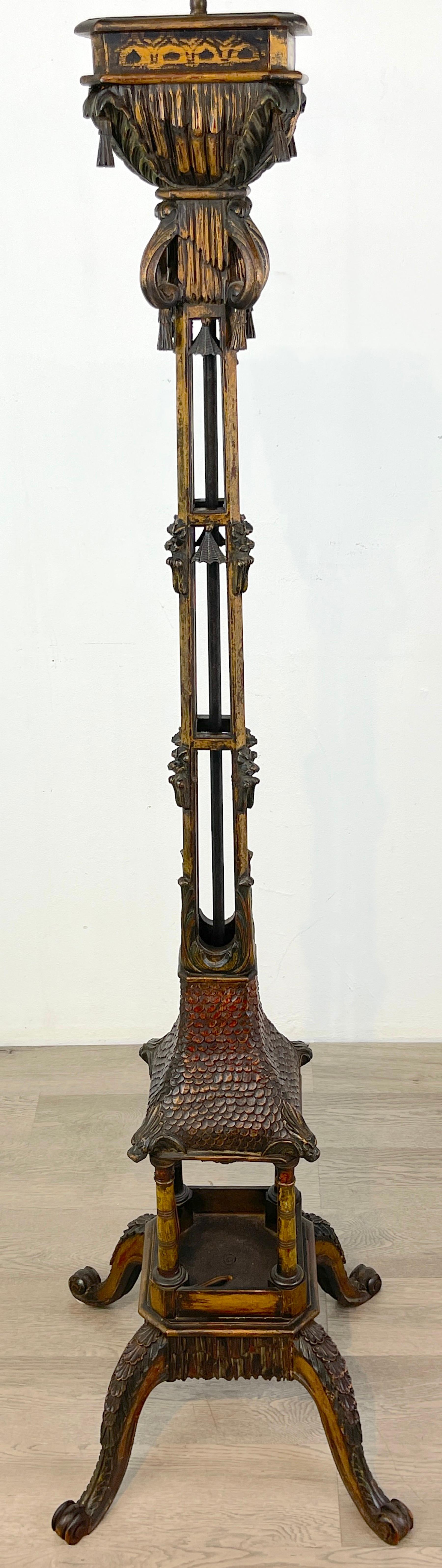 English Carved & Polychromed Wood Chinoiserie Pagoda Motif Floor Lamp, England, C 1900s For Sale