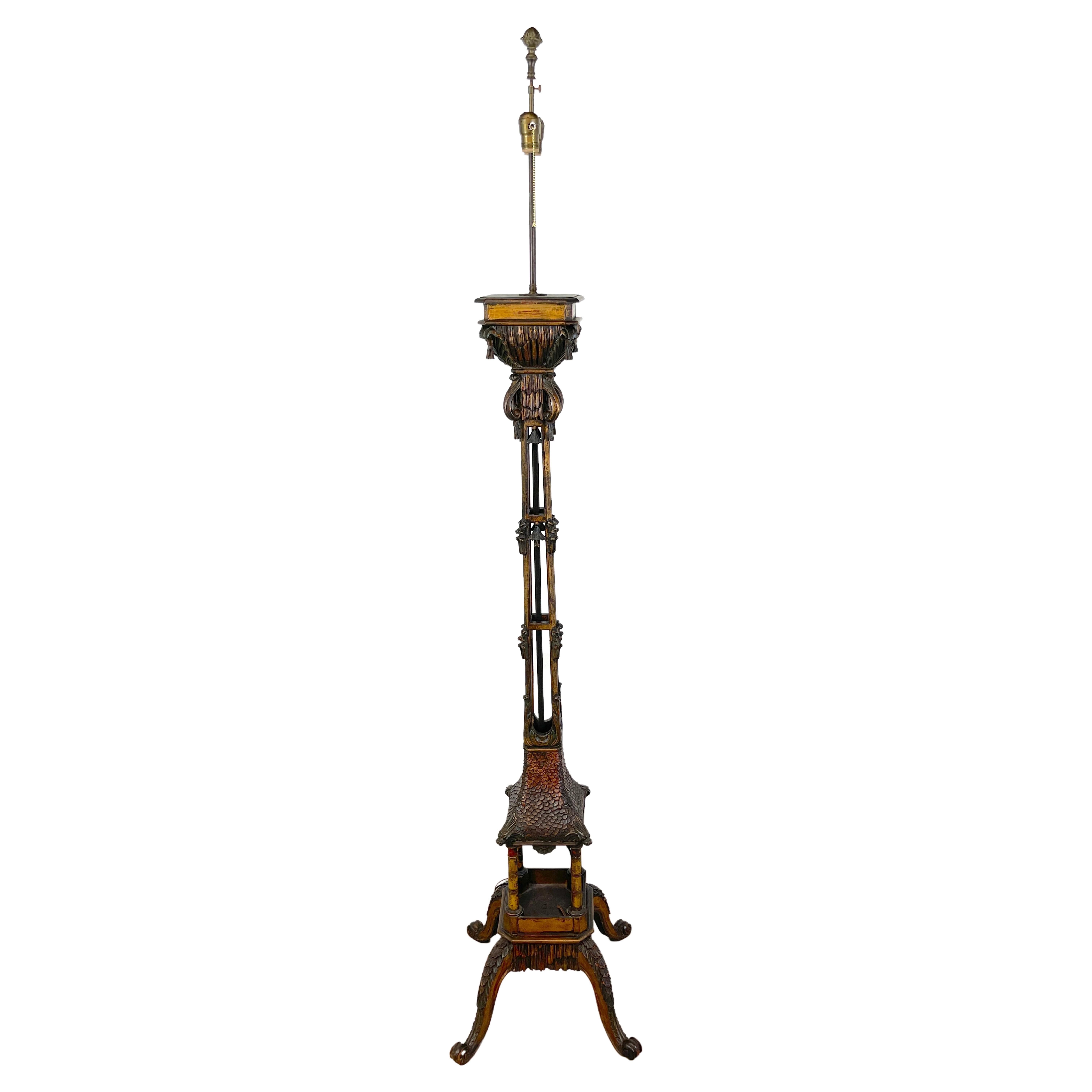 Carved & Polychromed Wood Chinoiserie Pagoda Motif Floor Lamp, England, C 1900s For Sale