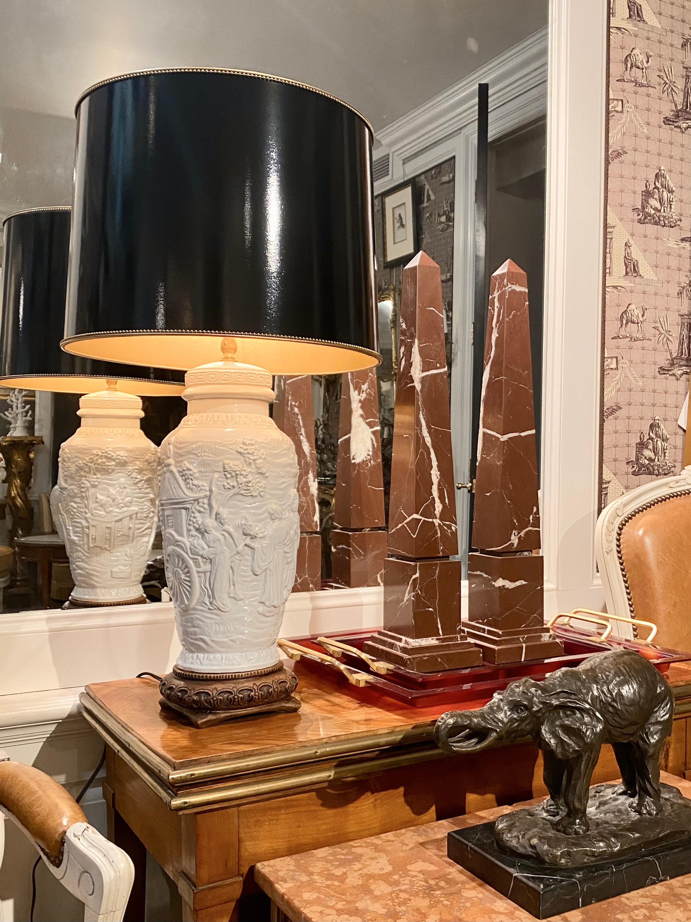 Carved Porcelain Table Lamp with Tole Lampshade For Sale 6