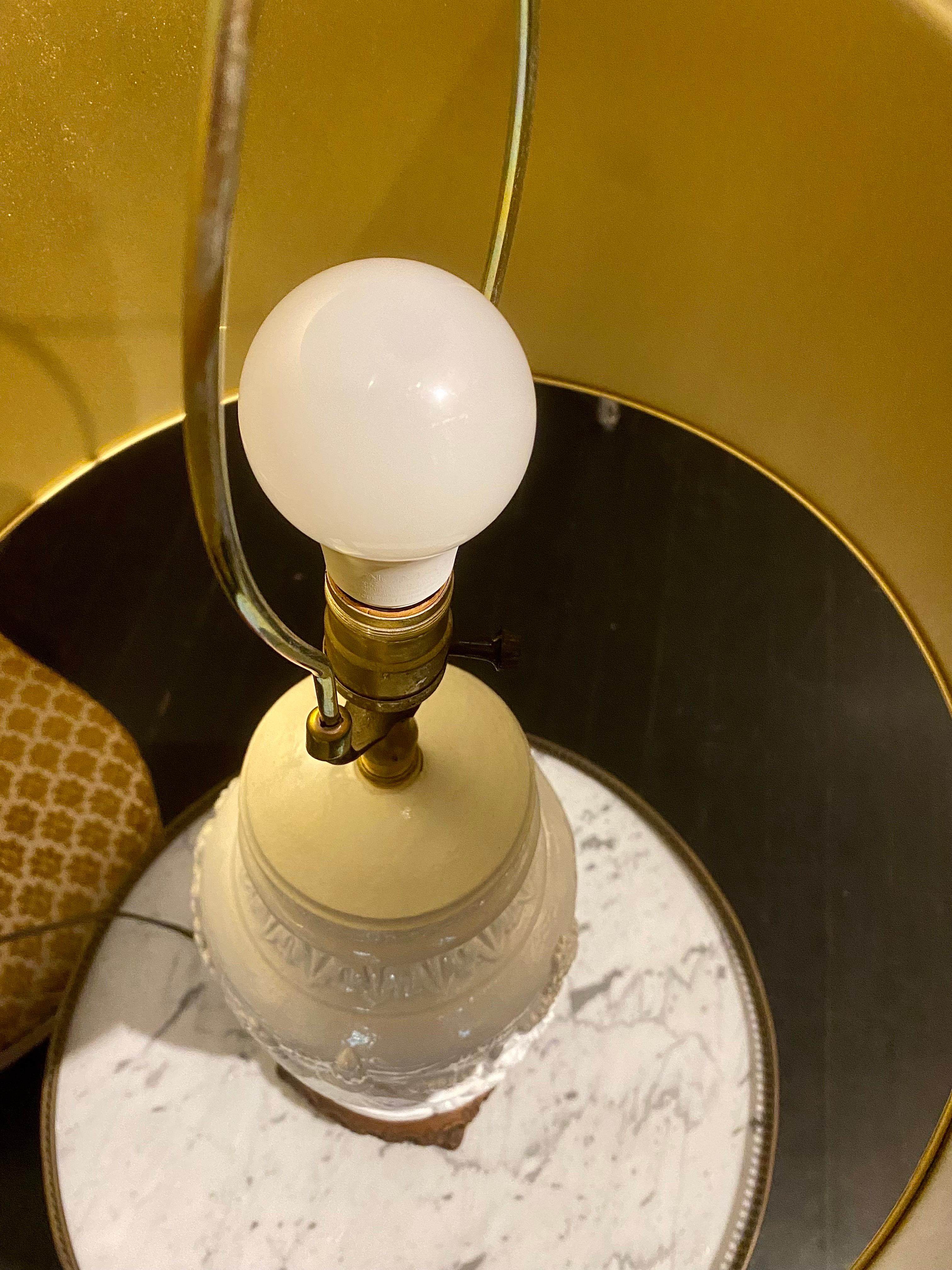 Carved Porcelain Table Lamp with Tole Lampshade For Sale 8