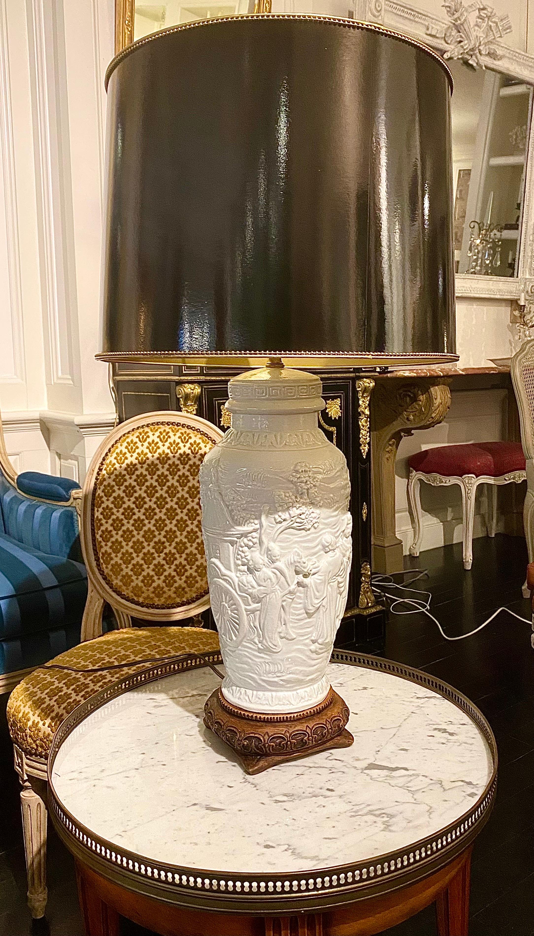 Carved Porcelain Table Lamp with Tole Lampshade For Sale 9