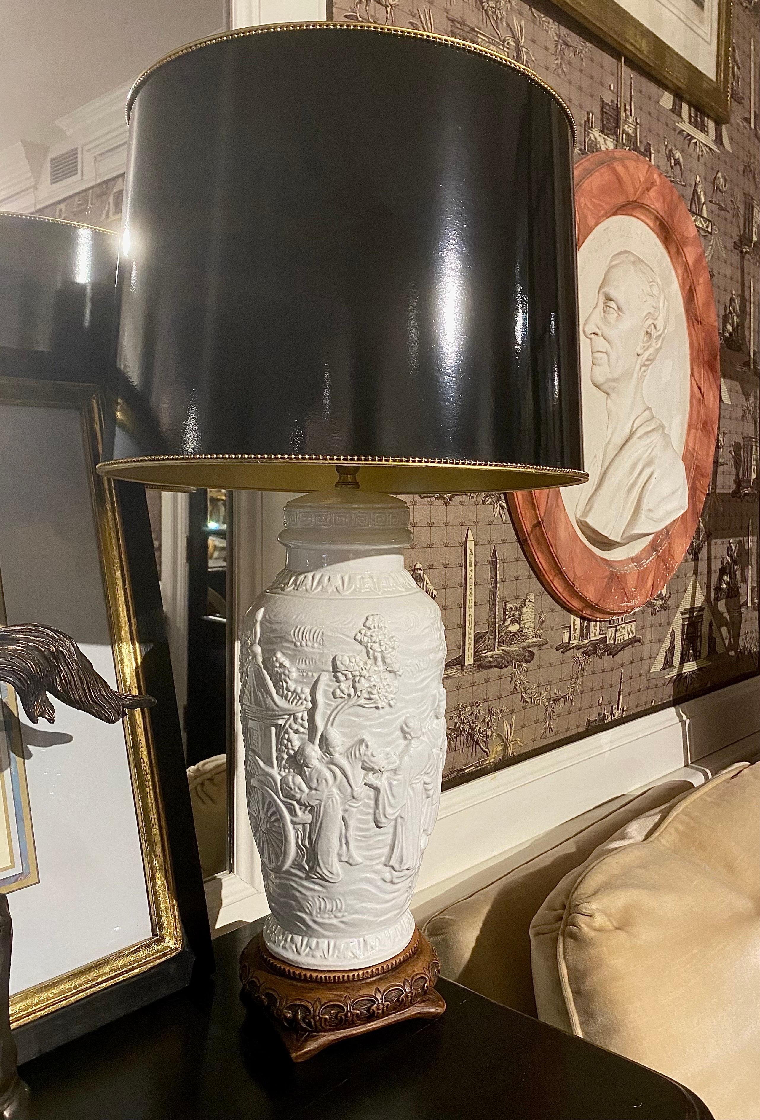 Carved Porcelain Table Lamp with Tole Lampshade For Sale 11