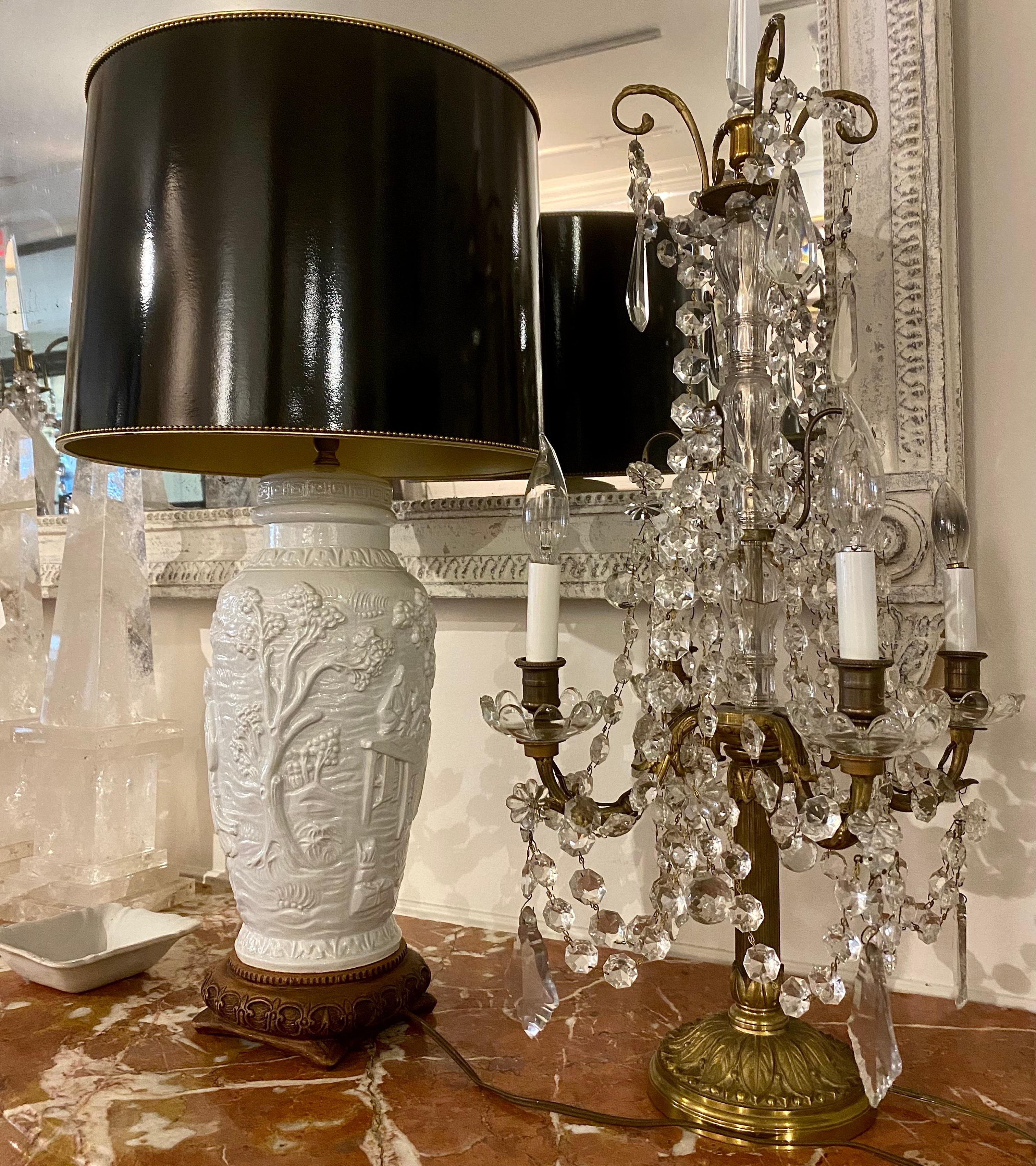 Carved Porcelain Table Lamp with Tole Lampshade For Sale 12