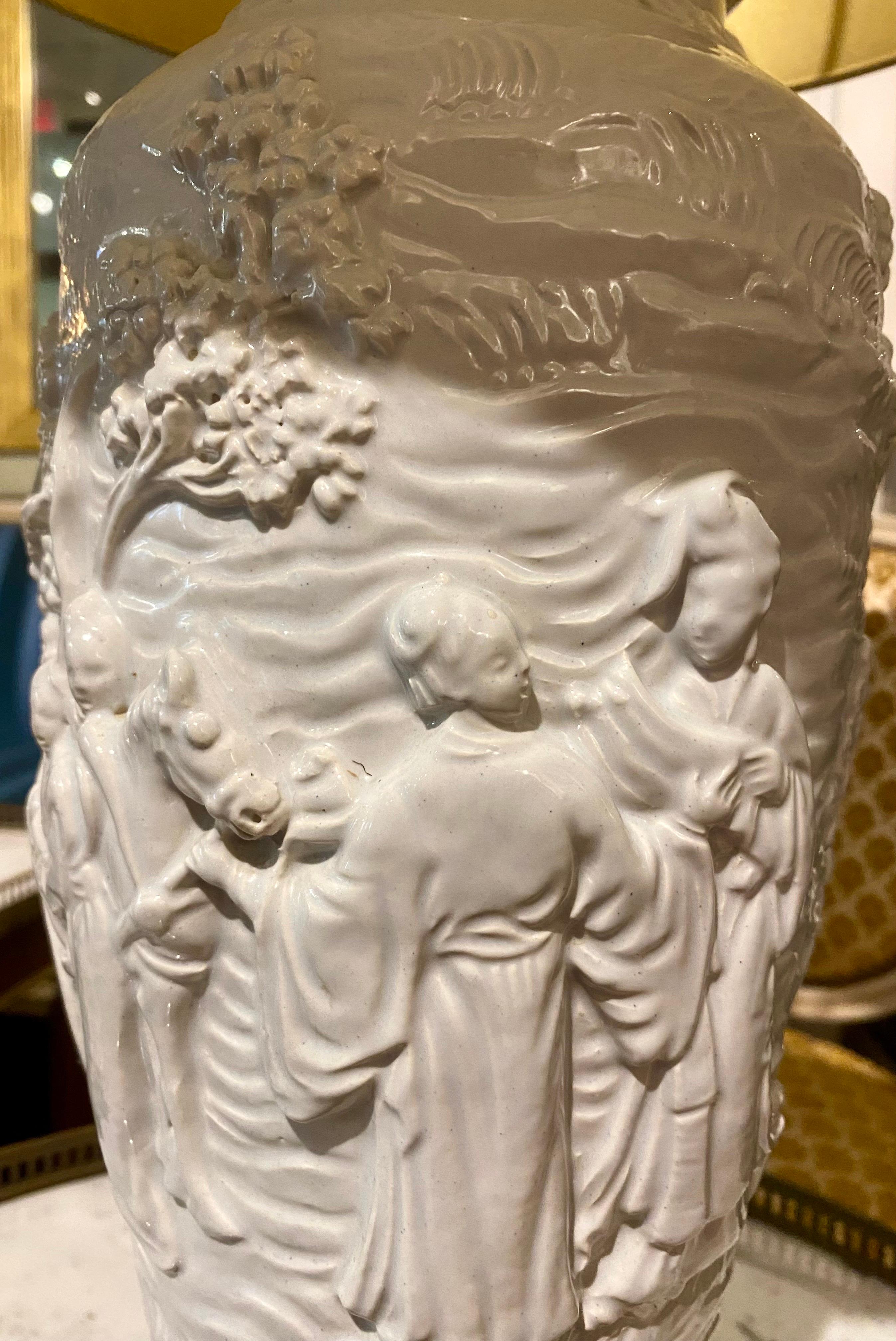 Carved Porcelain Table Lamp with Tole Lampshade For Sale 13