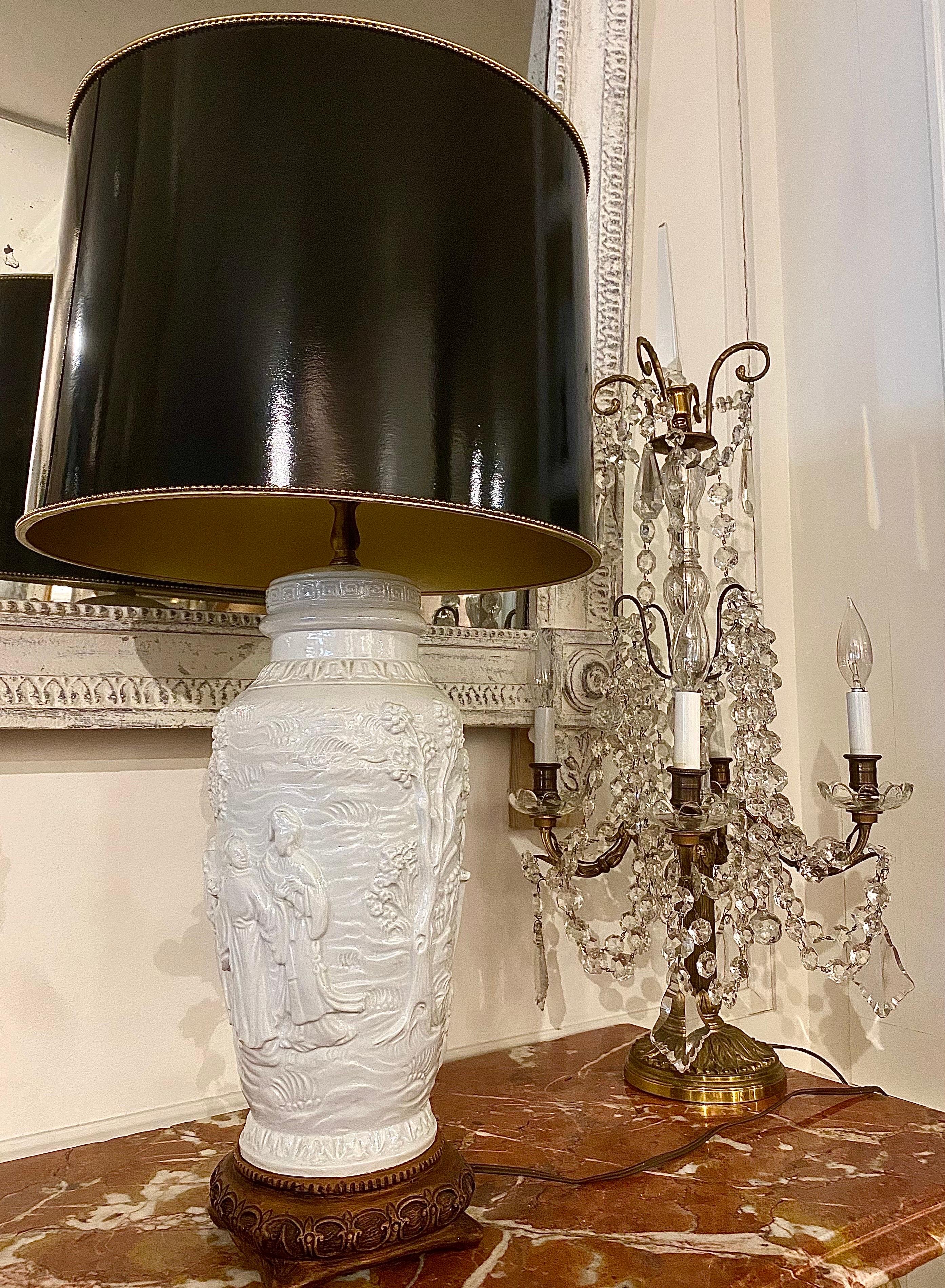 Carved Porcelain Table Lamp with Tole Lampshade For Sale 14