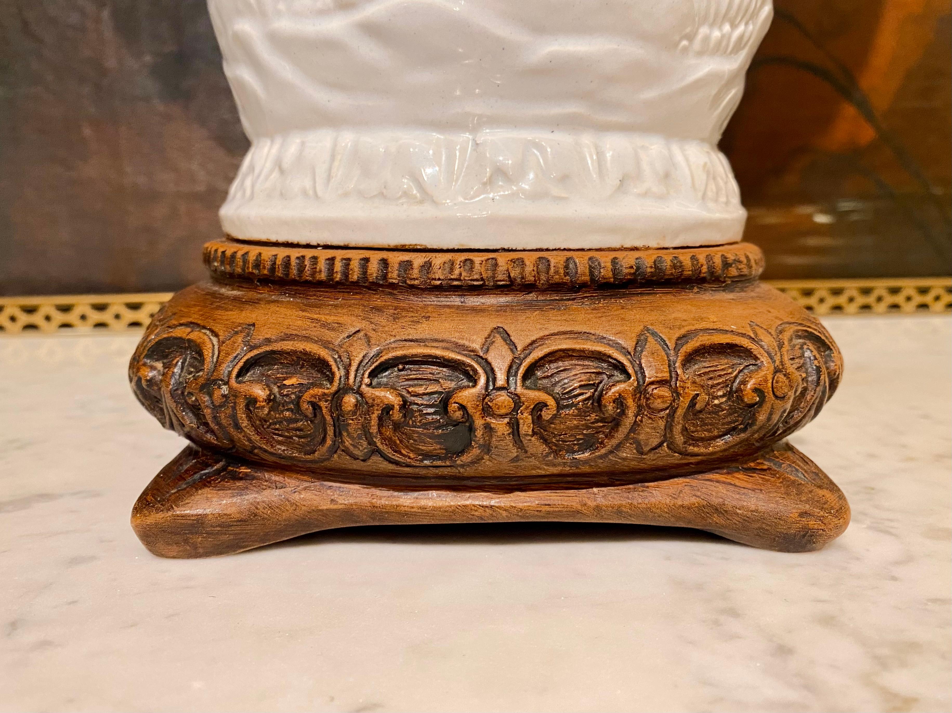 Chinoiserie Carved Porcelain Table Lamp with Tole Lampshade For Sale