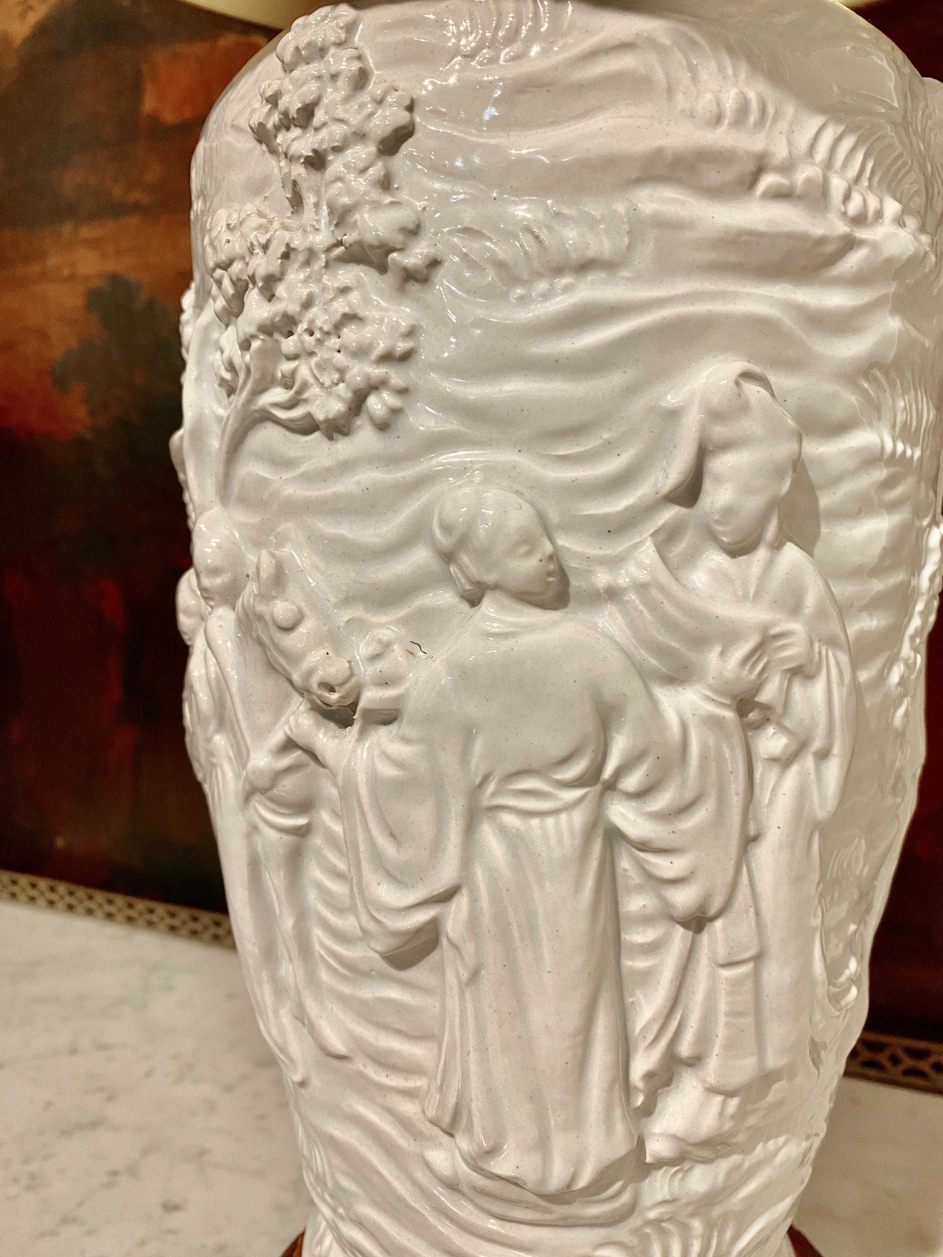 Italian Carved Porcelain Table Lamp with Tole Lampshade For Sale