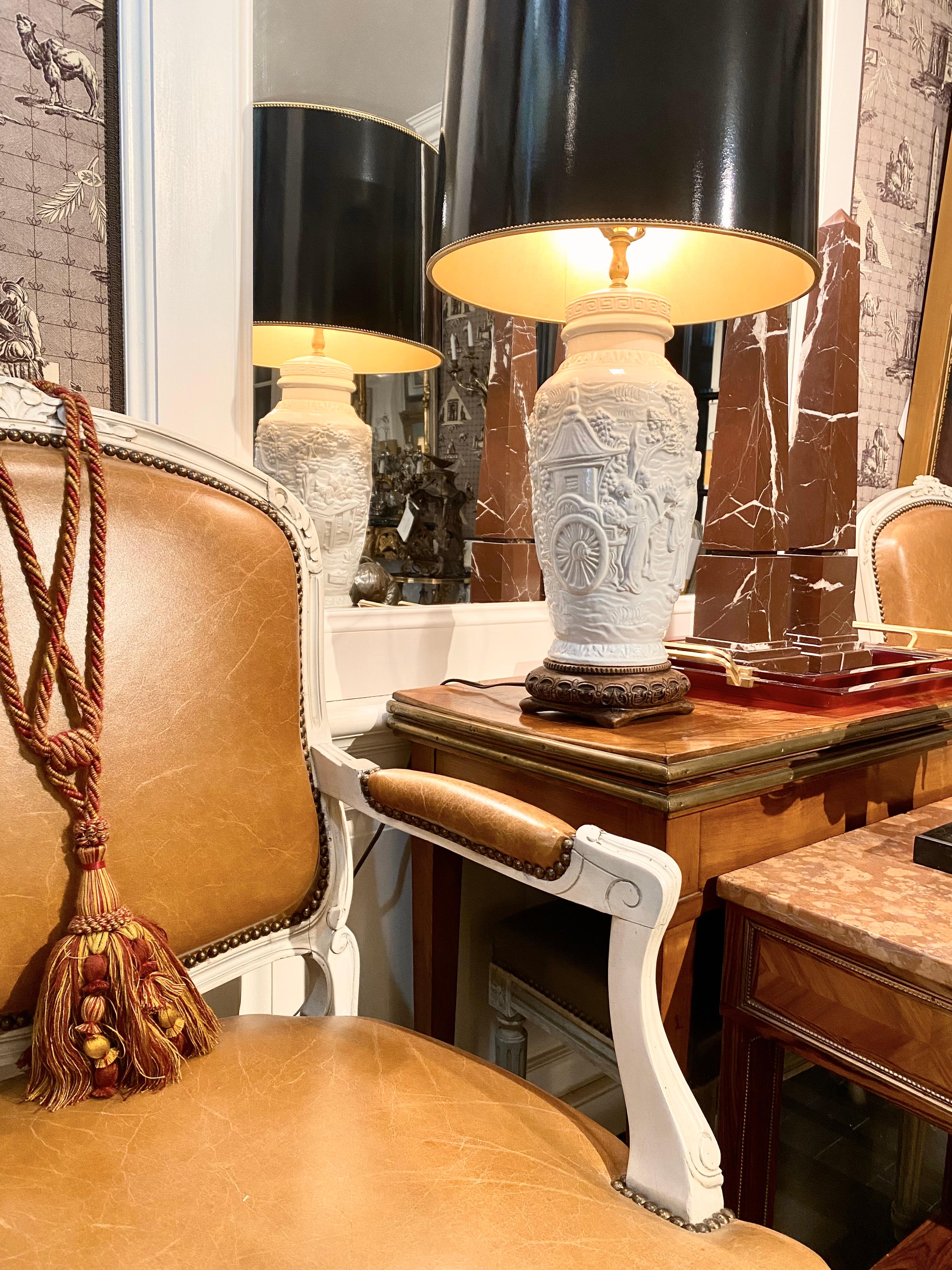 20th Century Carved Porcelain Table Lamp with Tole Lampshade For Sale