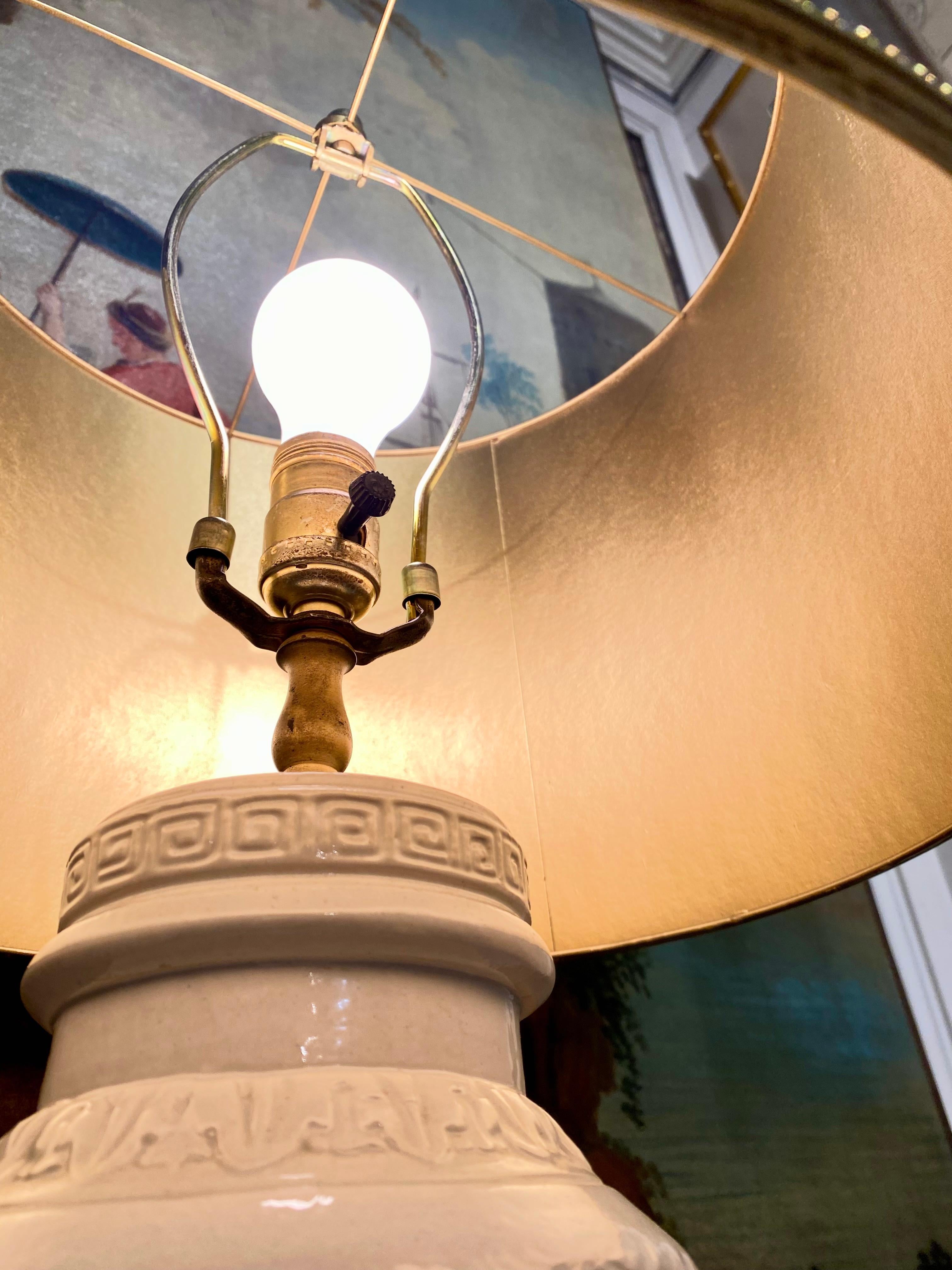Carved Porcelain Table Lamp with Tole Lampshade For Sale 2