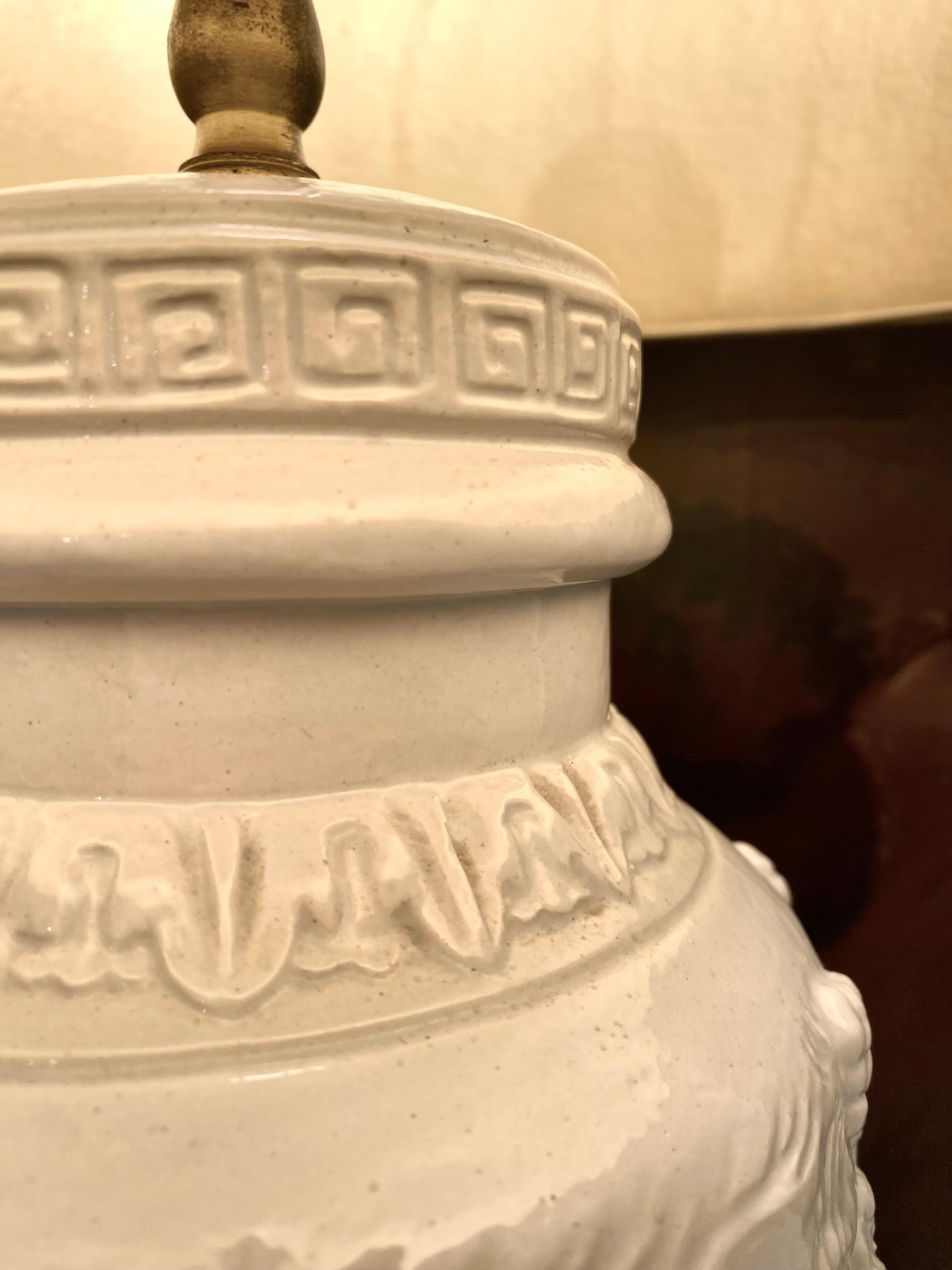 Carved Porcelain Table Lamp with Tole Lampshade For Sale 3
