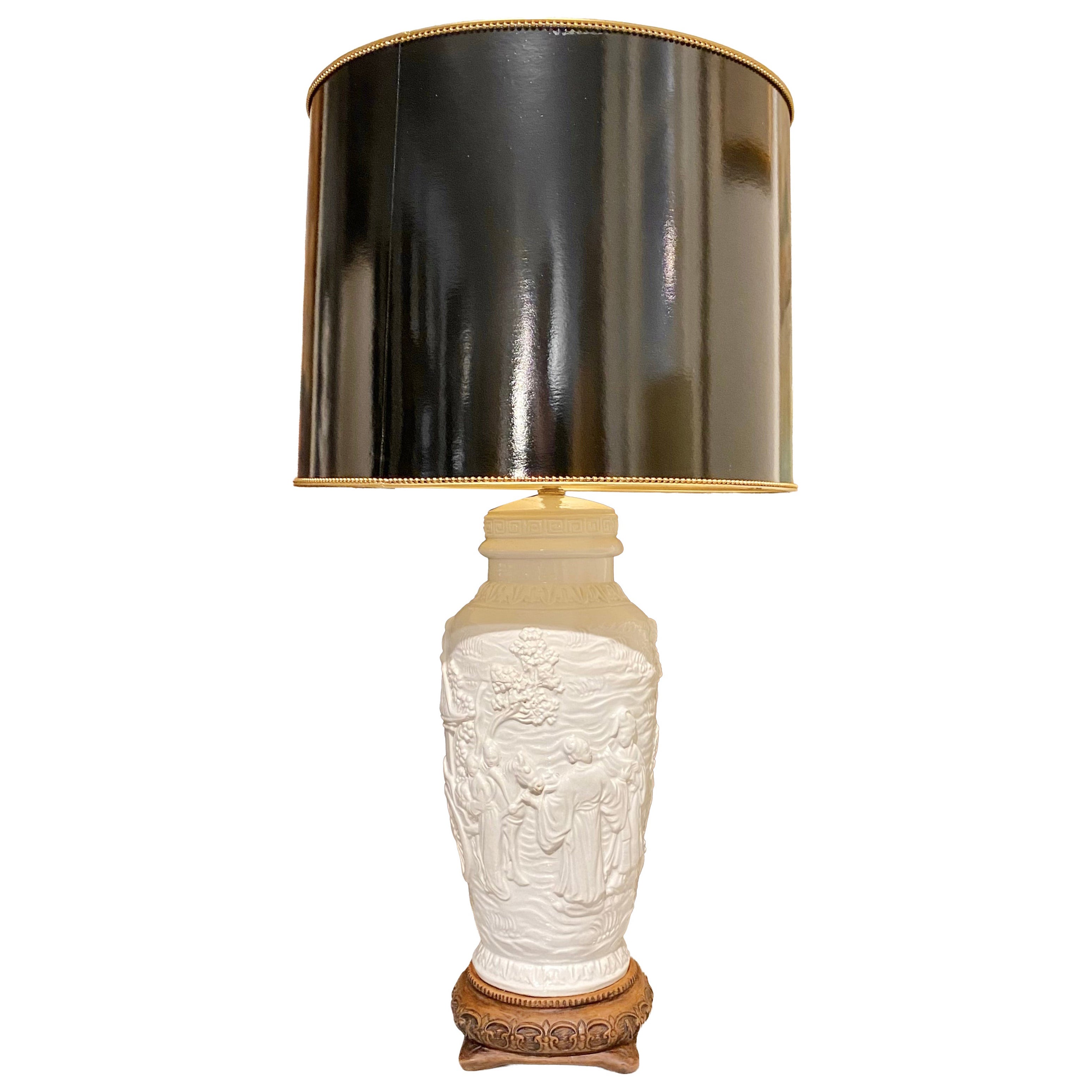 Carved Porcelain Table Lamp with Tole Lampshade For Sale