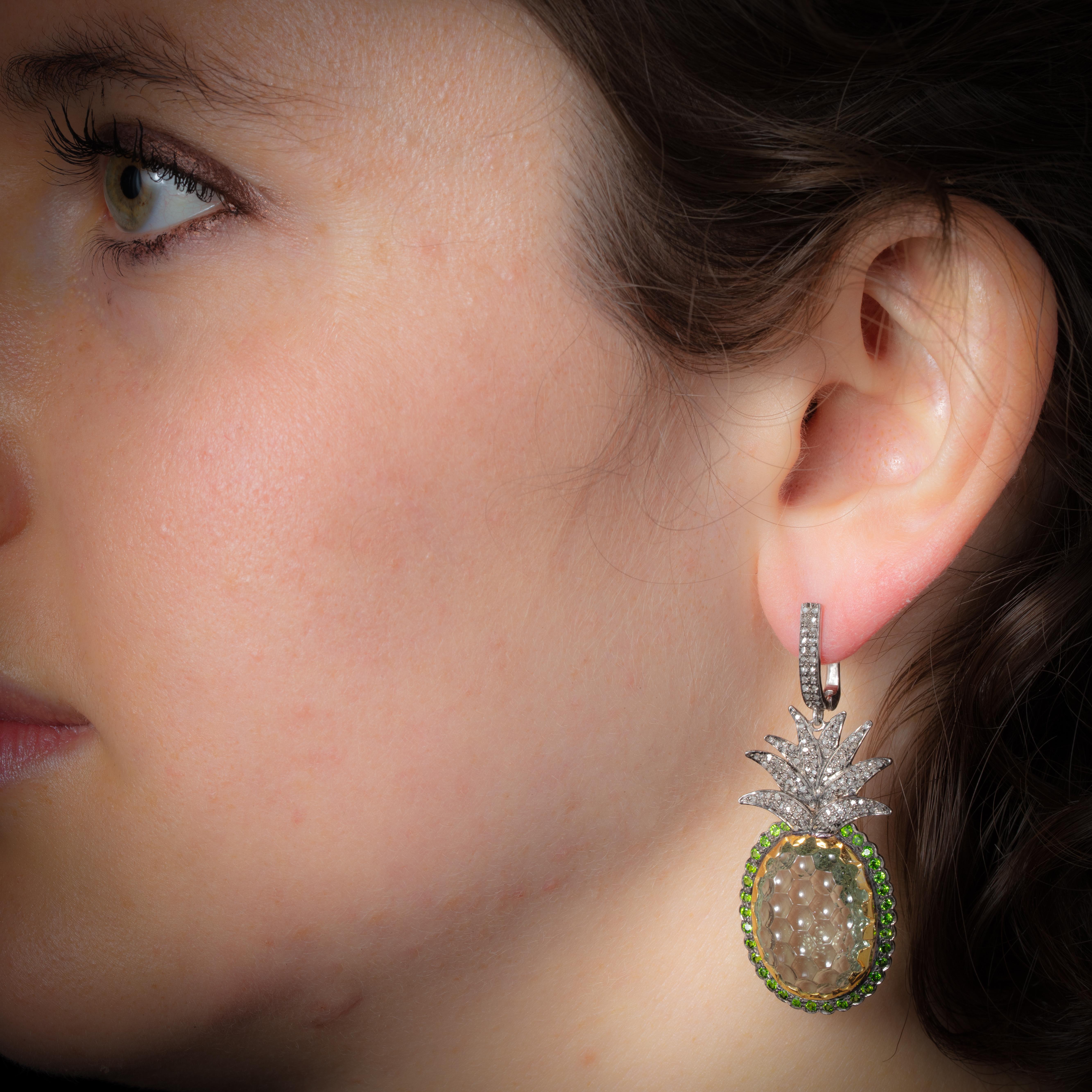 Carved Prasiolite 'Green Amethyst' Peridot and Diamond Pineapple Dangle Earrings In Excellent Condition In Nantucket, MA
