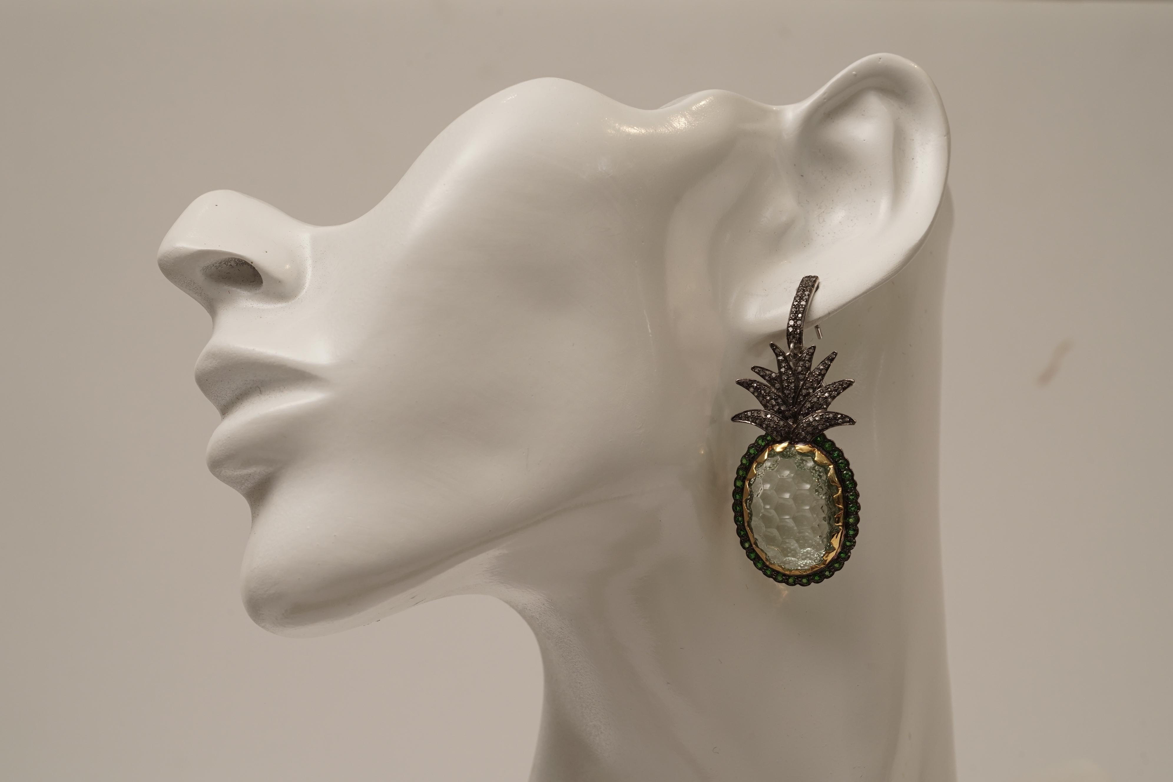 Women's or Men's Carved Prasiolite 'Green Amethyst' Peridot and Diamond Pineapple Dangle Earrings