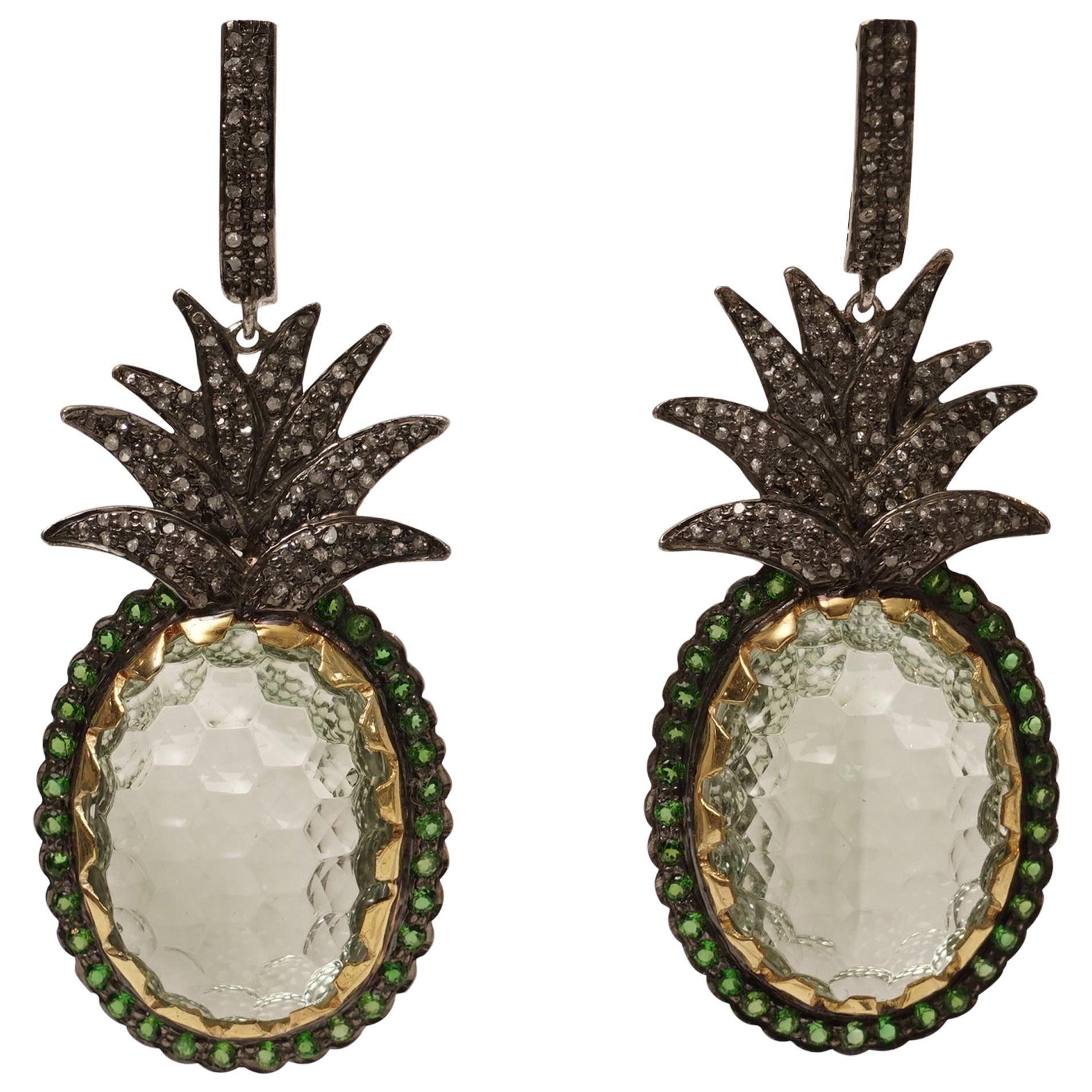 Carved Prasiolite 'Green Amethyst' Peridot and Diamond Pineapple Dangle Earrings