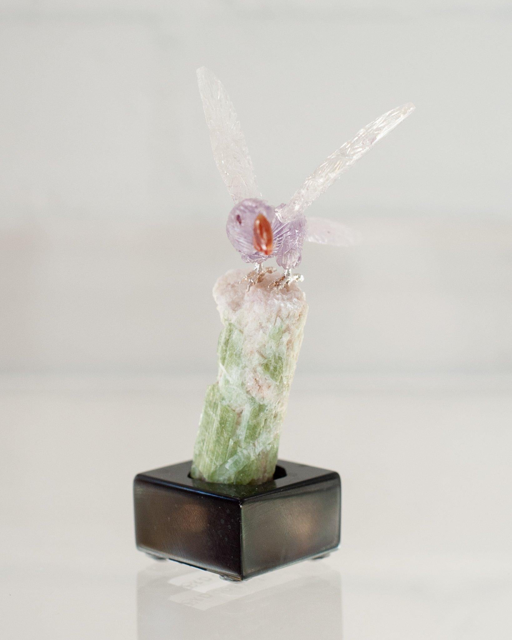 American Carved Purple Amethyst Macaw on Green White Quartz Mineral Base For Sale