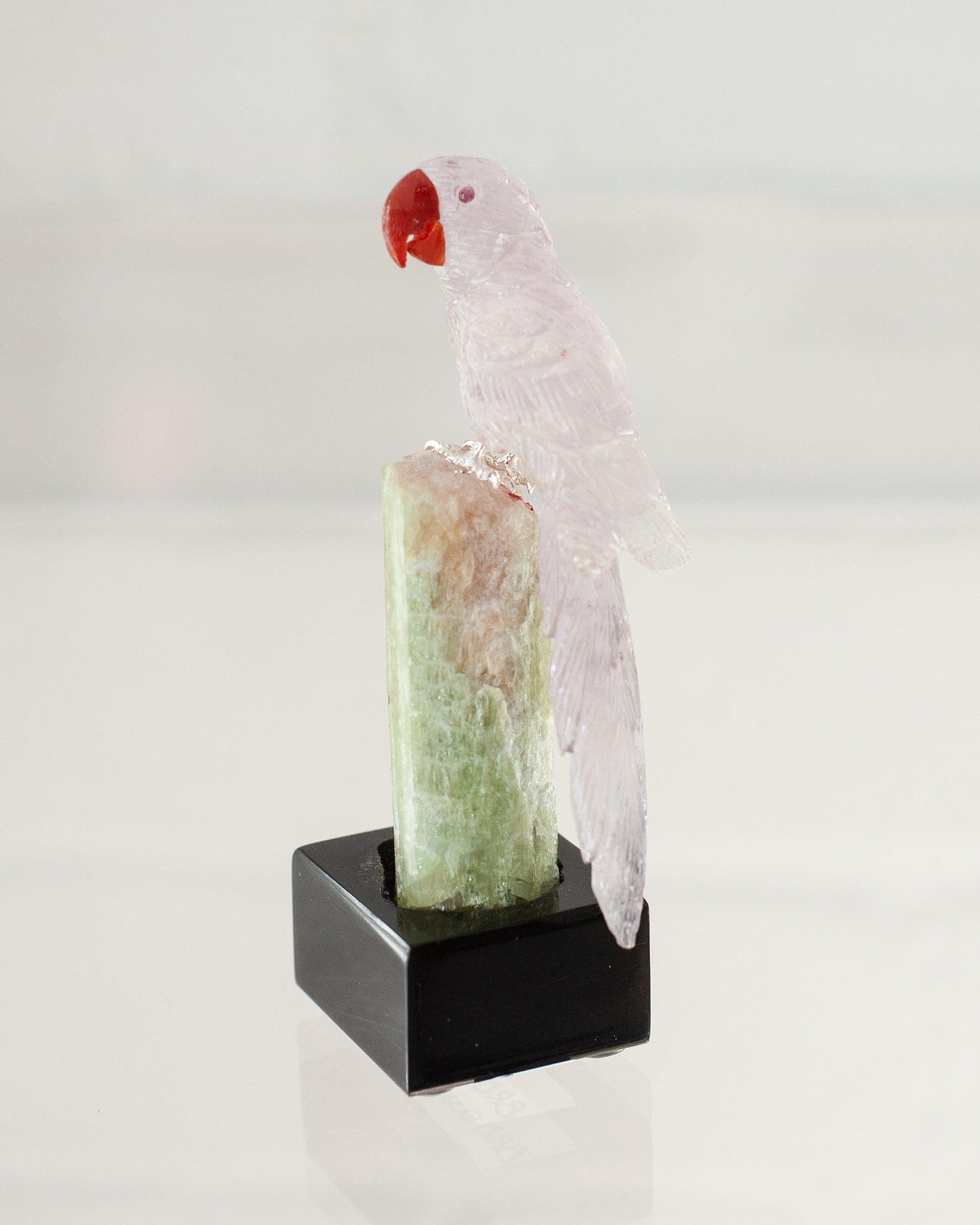 American Carved Purple Amethyst Macaw on Green White Quartz Mineral Base