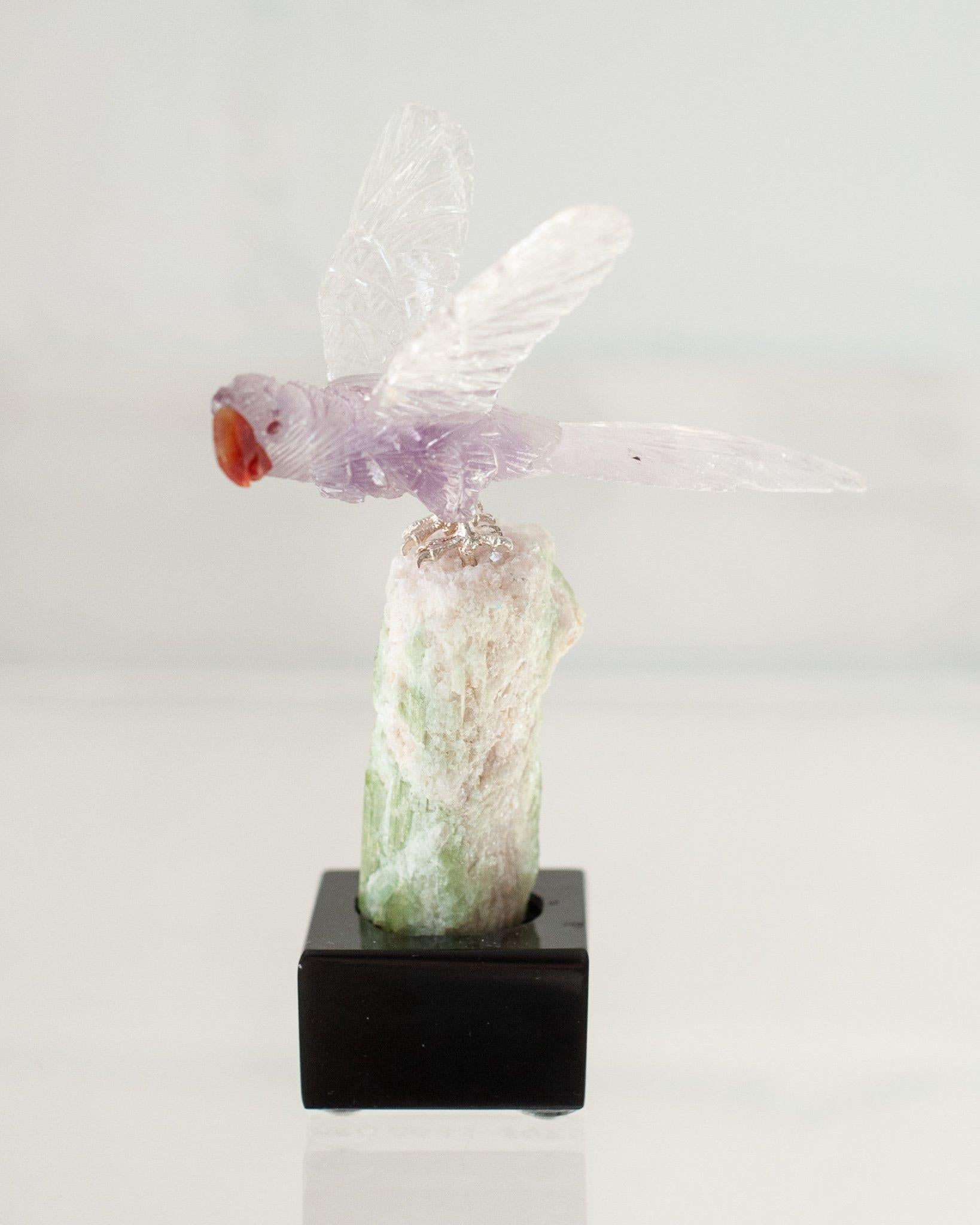 Hand-Carved Carved Purple Amethyst Macaw on Green White Quartz Mineral Base For Sale