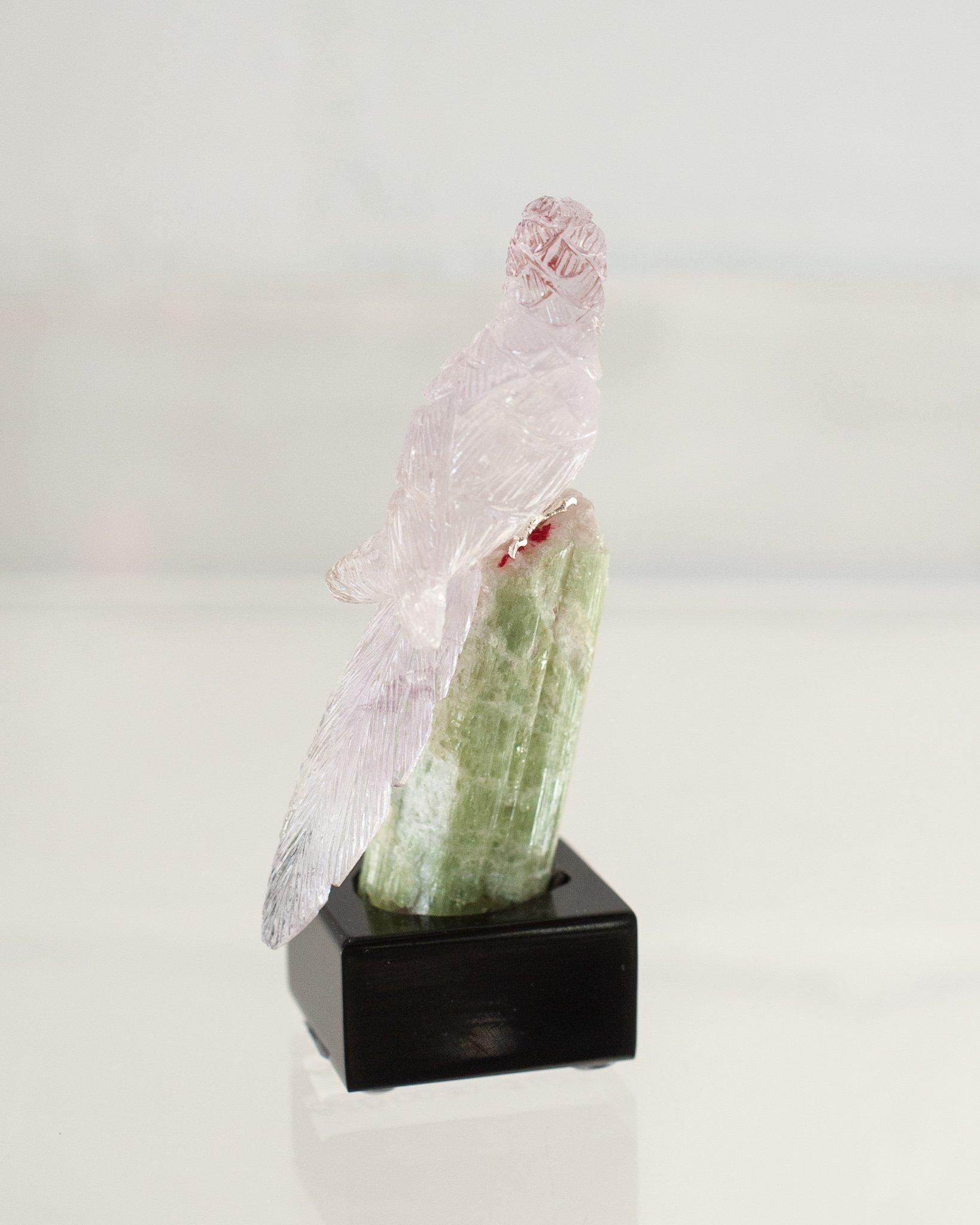Hand-Carved Carved Purple Amethyst Macaw on Green White Quartz Mineral Base