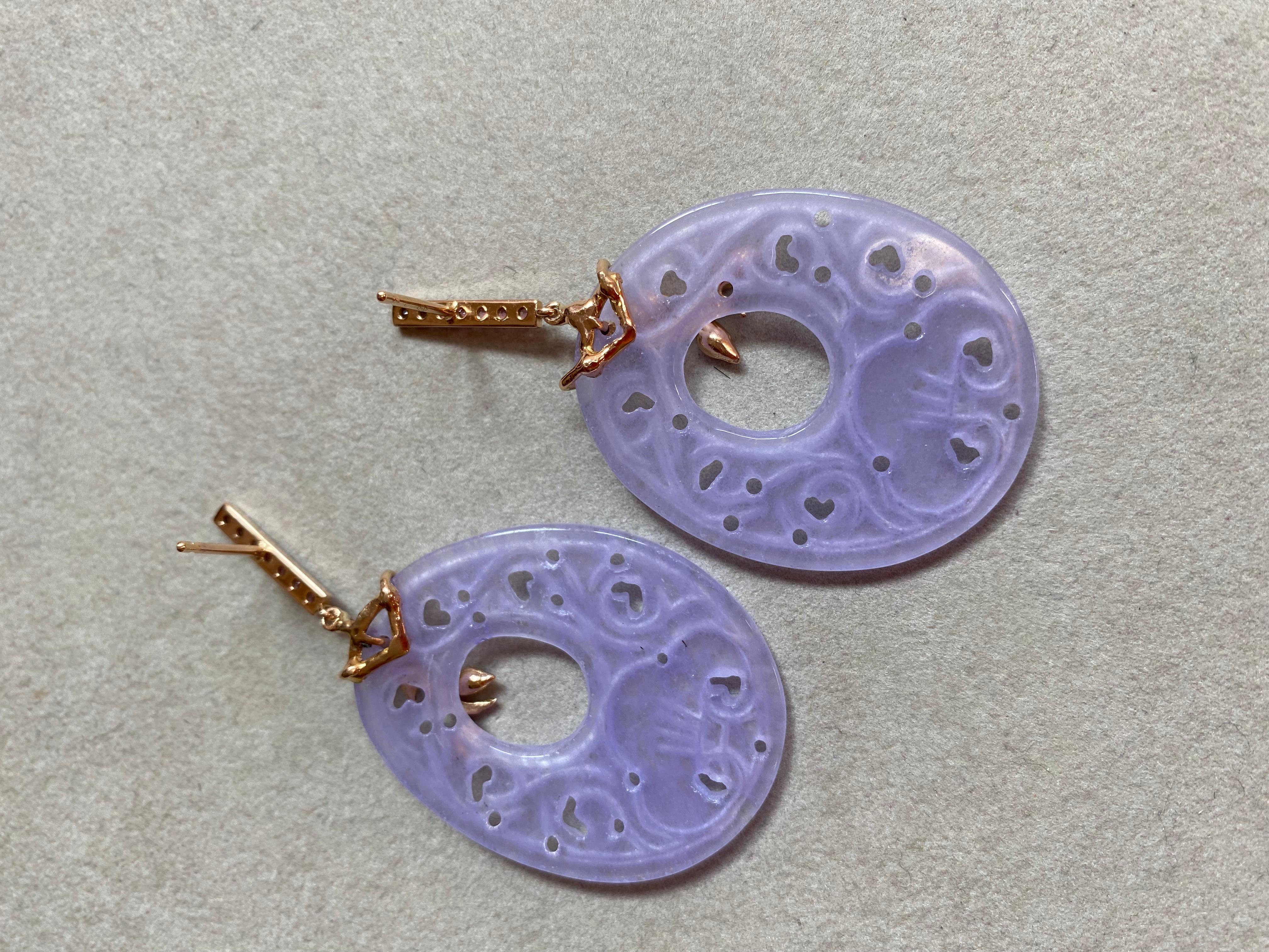 Carved Purple Jade Color Tourmaline 18 Karats Gold Personalized Pendant Earrings For Sale 2