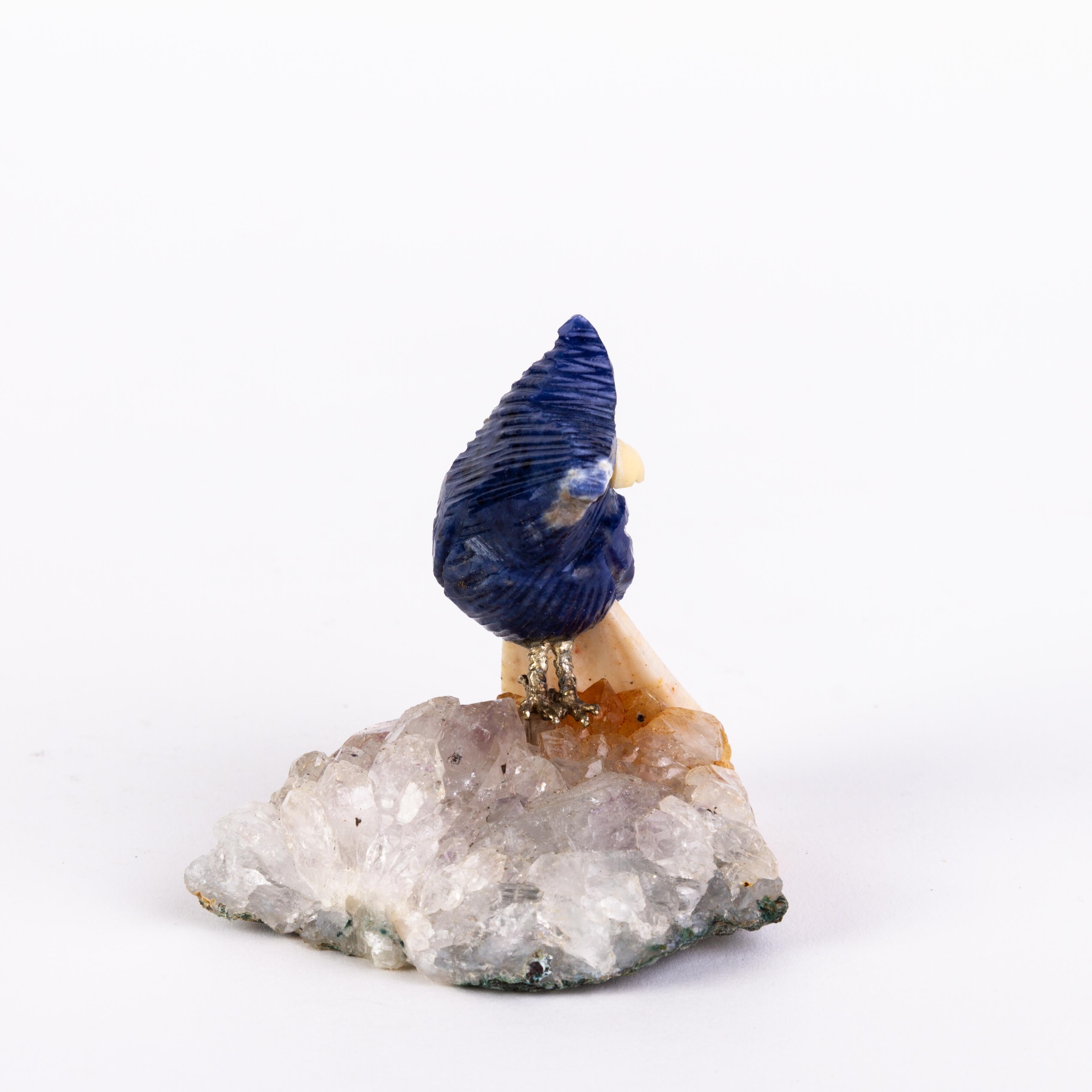 Carved Quartz Geode Gemstone & Lapis Hardstone Owl Bird Sculpture 
Good condition 
From a private collection.
Free international shipping.