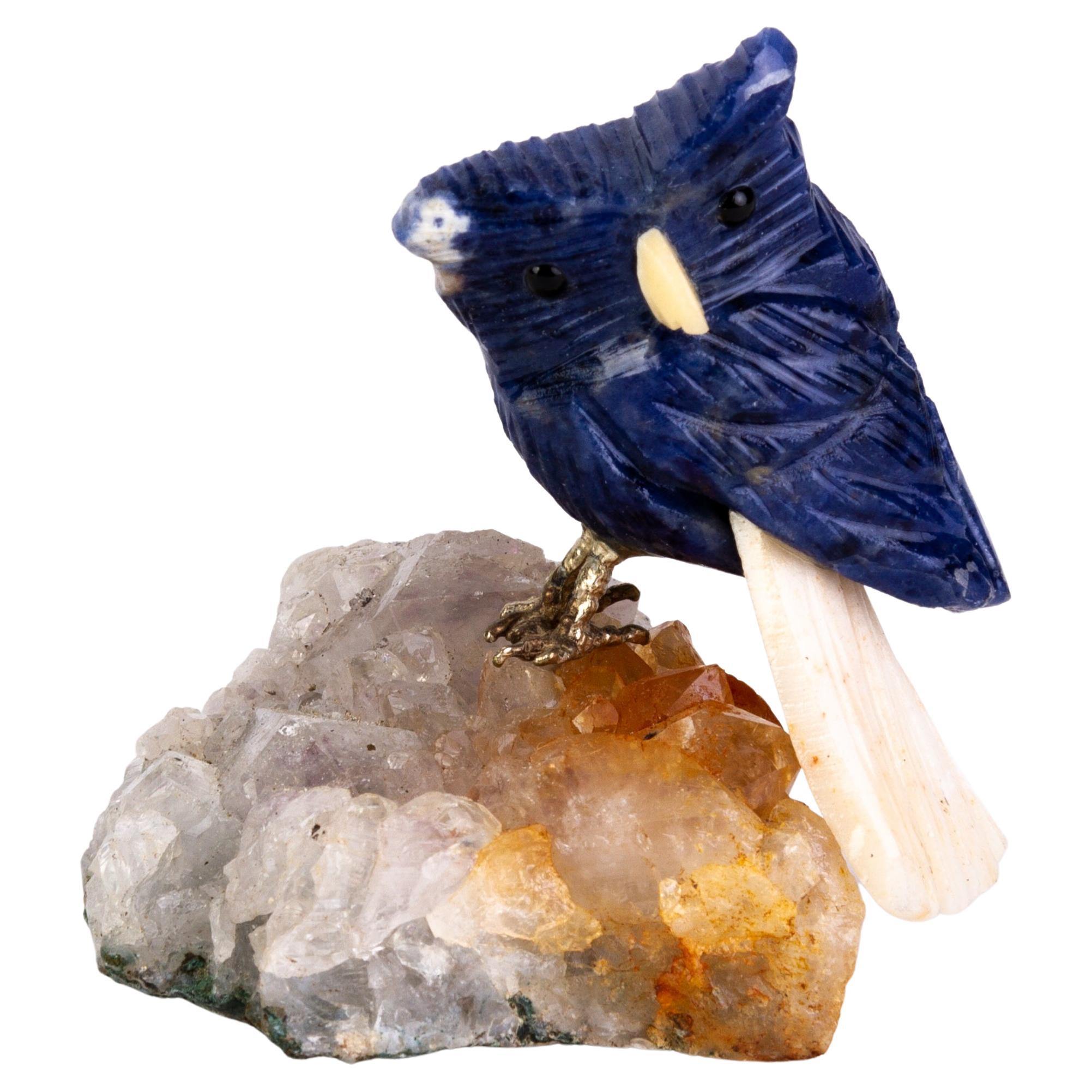Carved Quartz Geode Gemstone & Lapis Hardstone Owl Bird Sculpture  For Sale