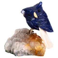 Carved Quartz Geode Gemstone & Lapis Hardstone Owl Bird Sculpture 