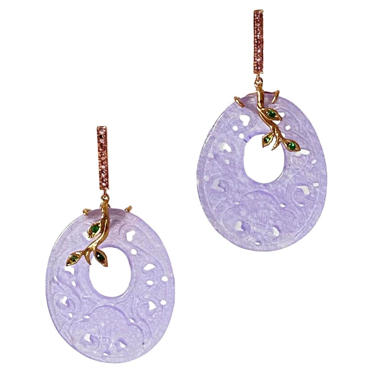 Carved Purple Jade Color 18 Karats Gold Tourmaline Pendant Earrings For Sale 4
