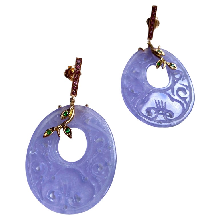 Carved Purple Jade Color 18 Karats Gold Tourmaline Pendant Earrings For Sale