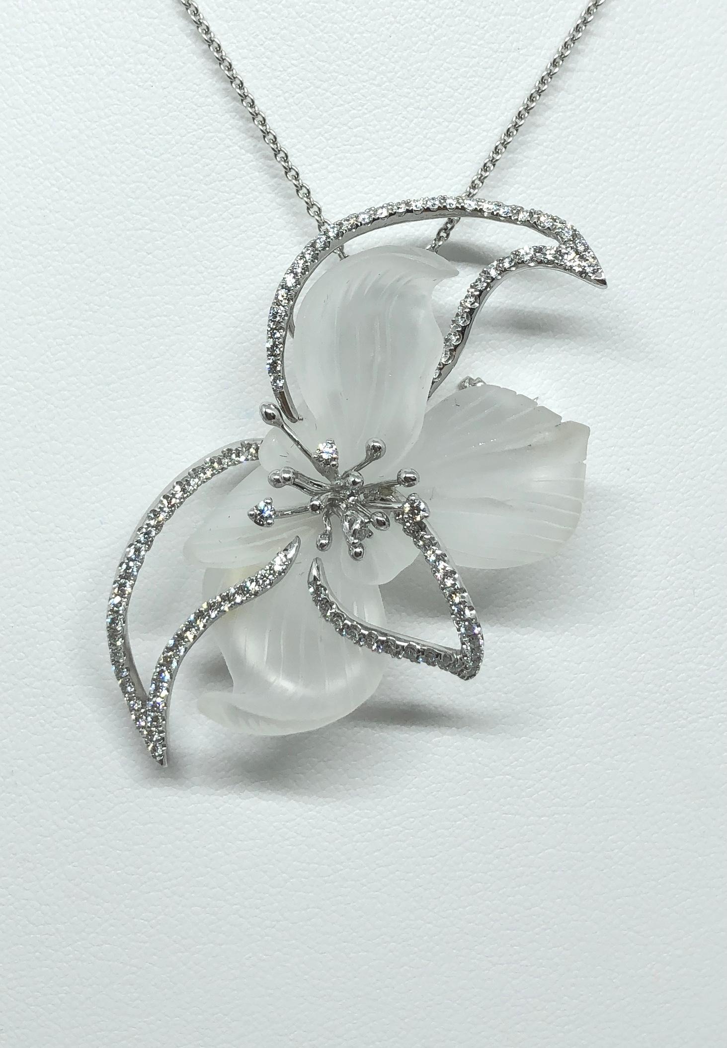 Contemporary Carved Quartz with Diamond Flower Pendant/ Brooch Set in 18 Karat White Gold For Sale