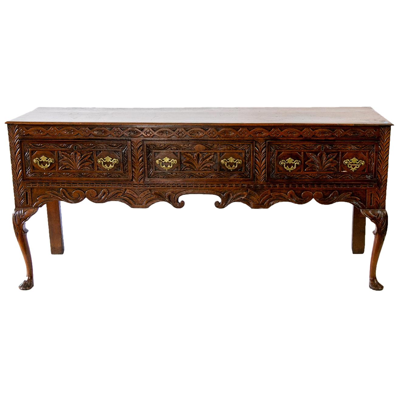 Carved Queen Anne Style Oak Sideboard For Sale