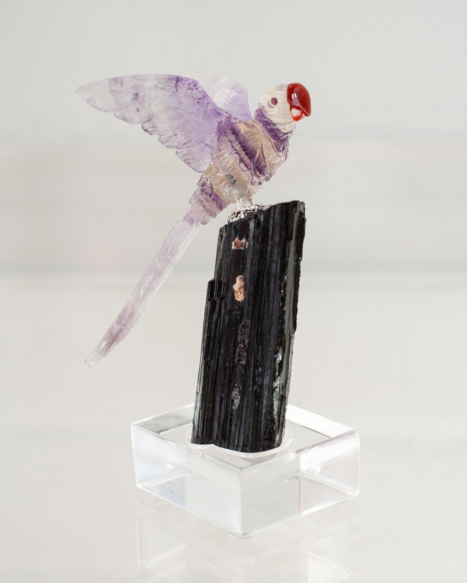 A beautiful hand carved semi precious rainbow fluorite Macaw mounted on a black tourmaline mineral specimen base. This exotic bird is a decorative combination of ornithology and geology.