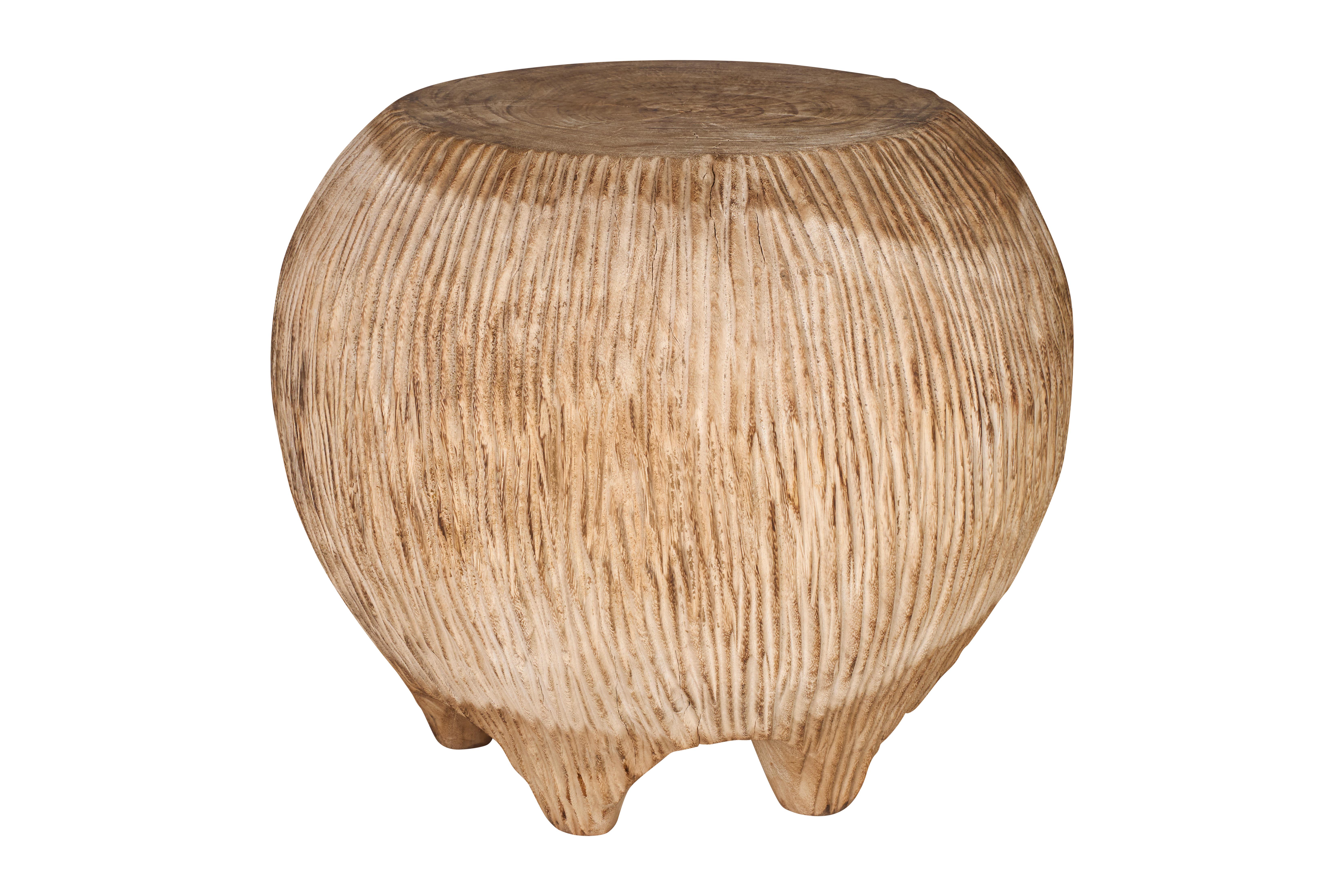 Organic Modern Carved Reclaimed Elm Blonde Round Side Table For Sale