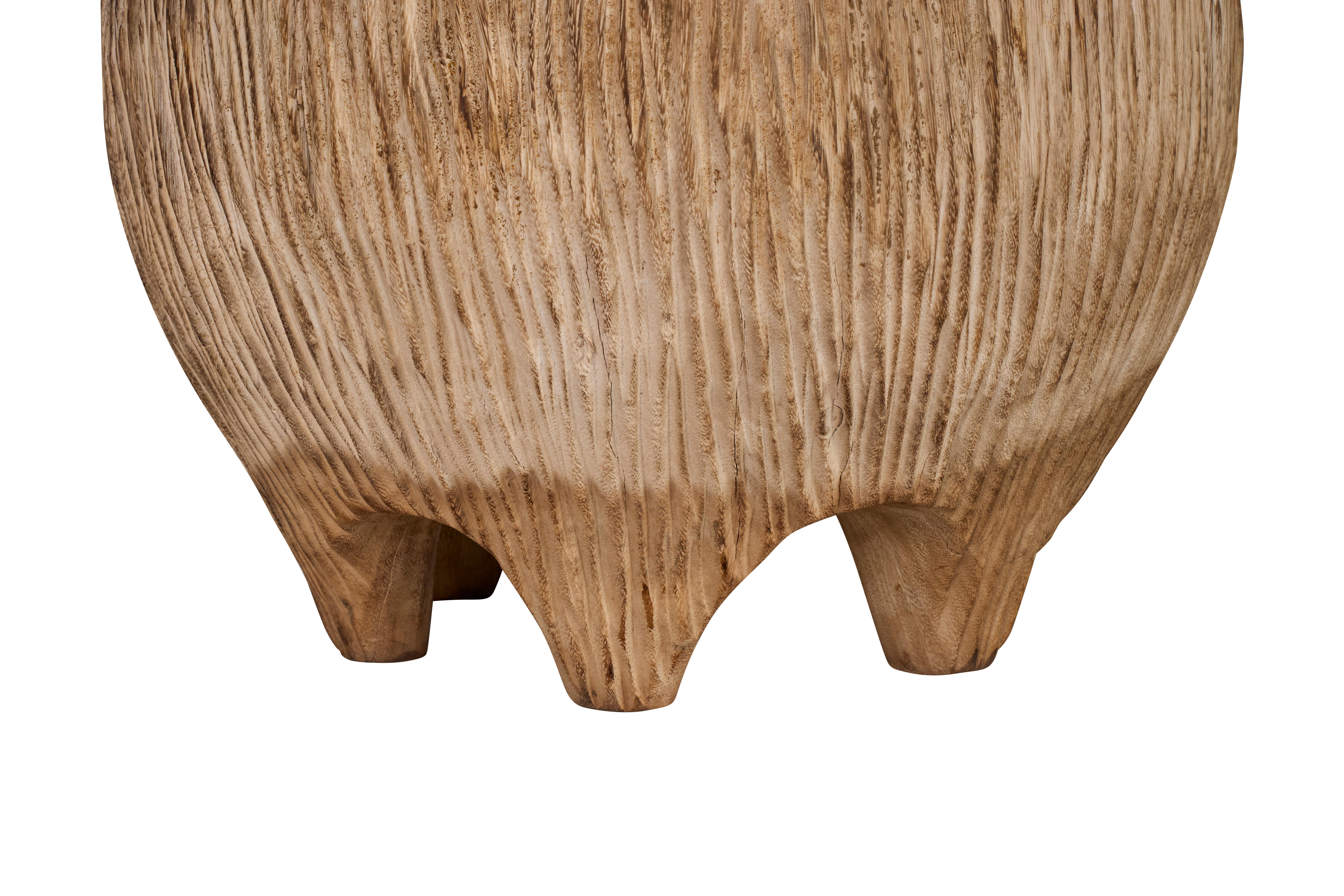 Carved Reclaimed Elm Blonde Round Side Table In Good Condition For Sale In Dallas, TX