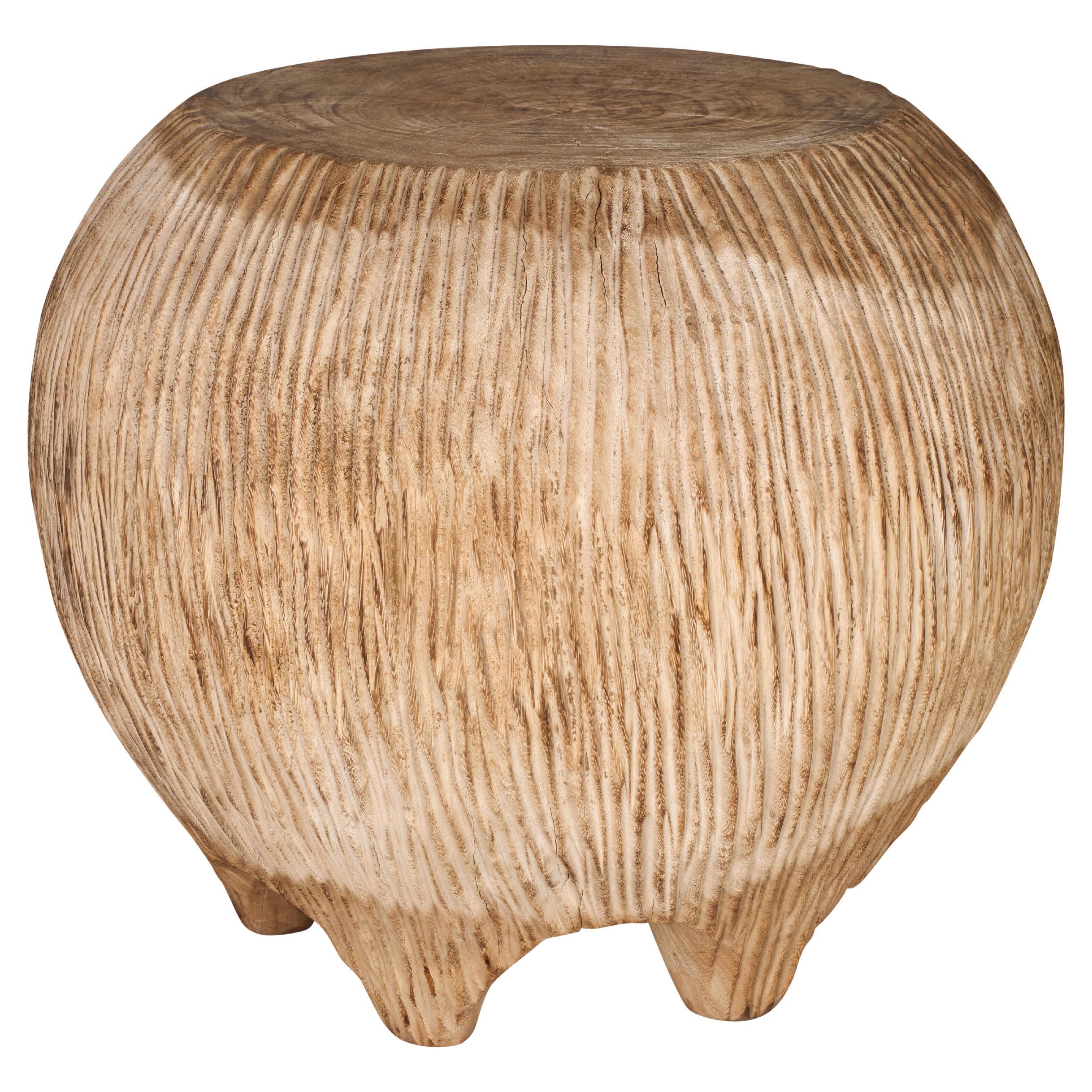 Carved Reclaimed Elm Blonde Round Side Table