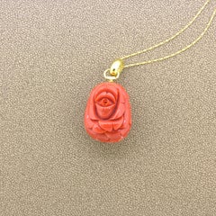 Carved Red Coral Diamond 18k Yellow Gold Floral-Motif Pendant