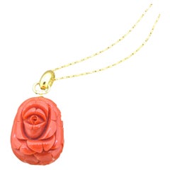 Carved Red Coral Diamond 18k Yellow Gold Floral-Motif Pendant
