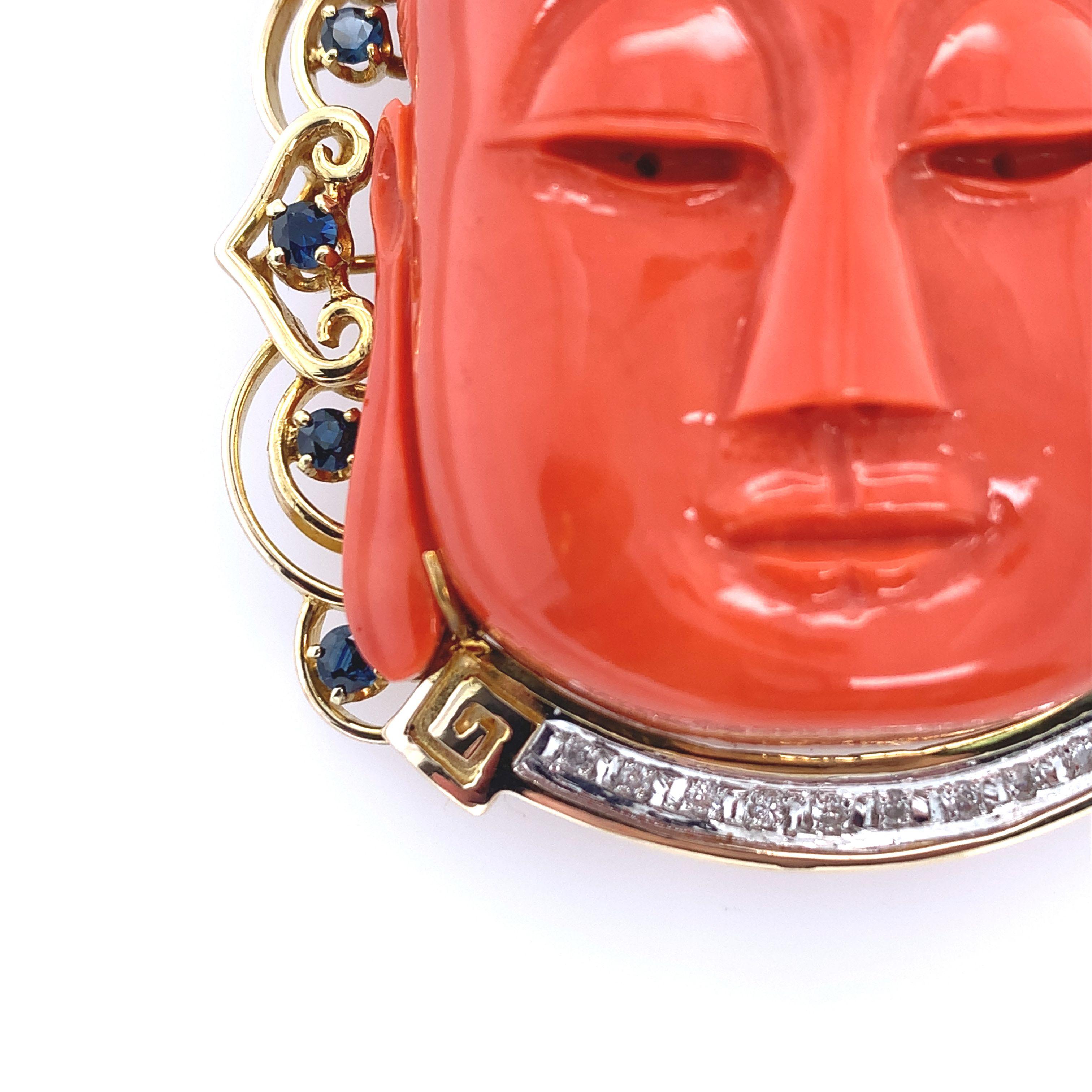 Round Cut Carved Red Coral, Diamond, and Sapphire Budhha Pendant Brooch For Sale