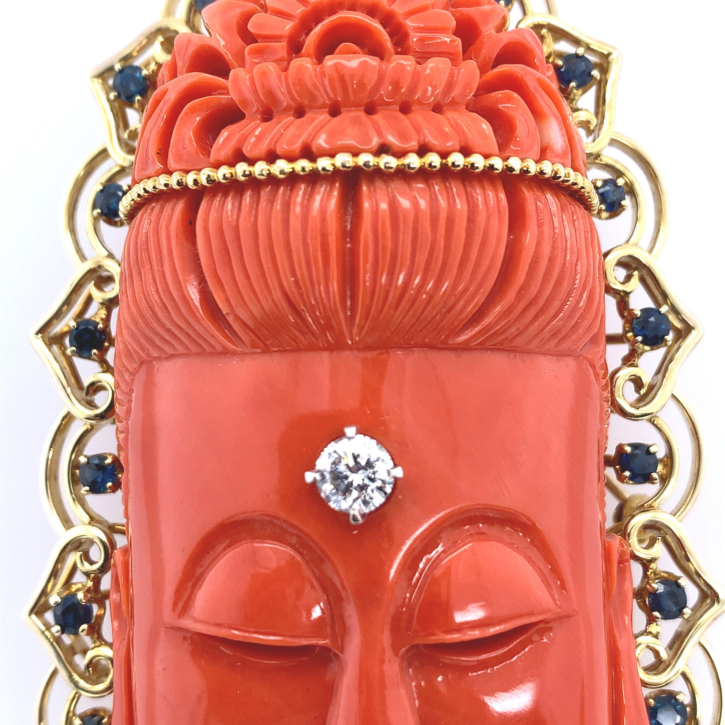 Carved Red Coral, Diamond, and Sapphire Budhha Pendant Brooch In Excellent Condition For Sale In Delray Beach, FL