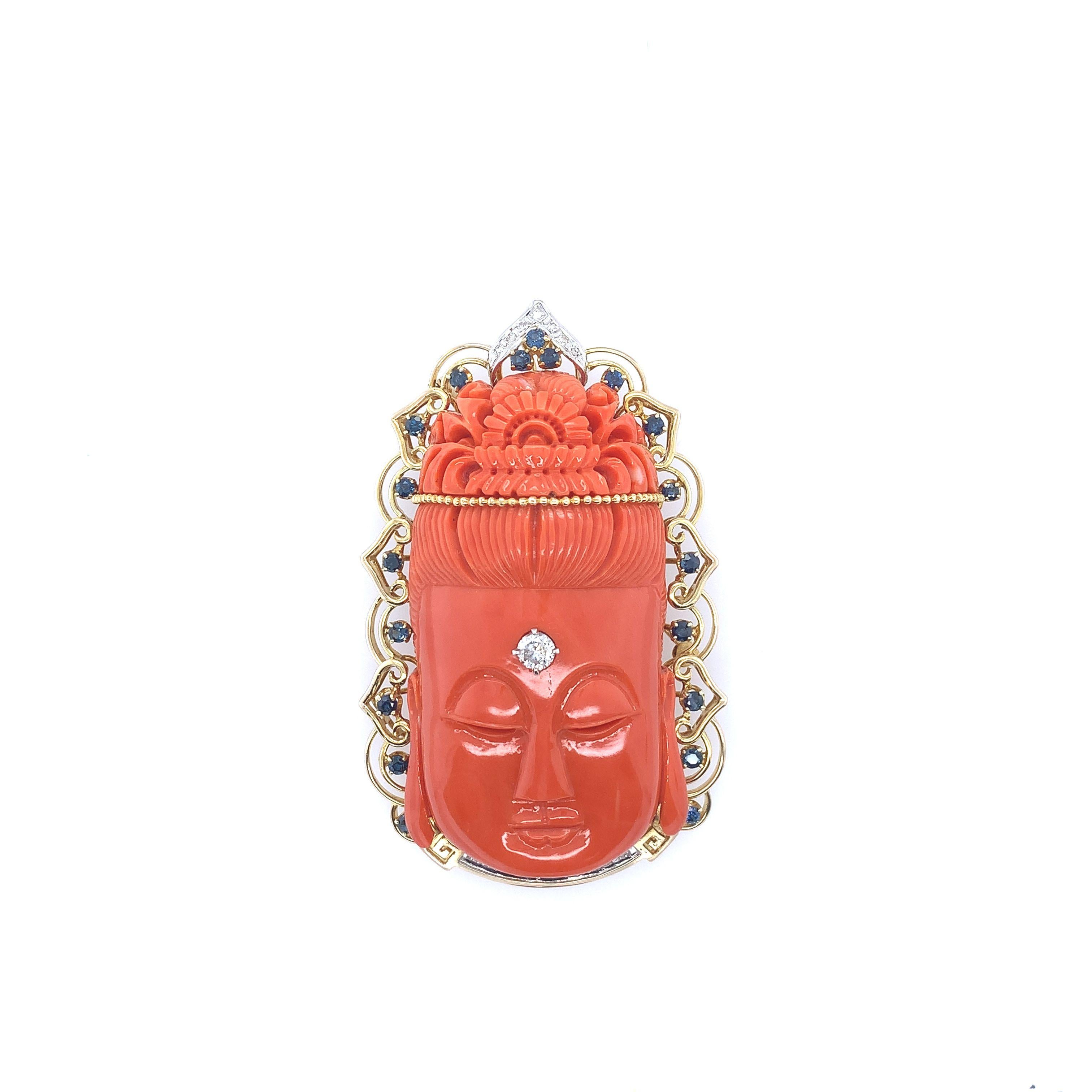 Carved Red Coral, Diamond, and Sapphire Budhha Pendant Brooch For Sale 1