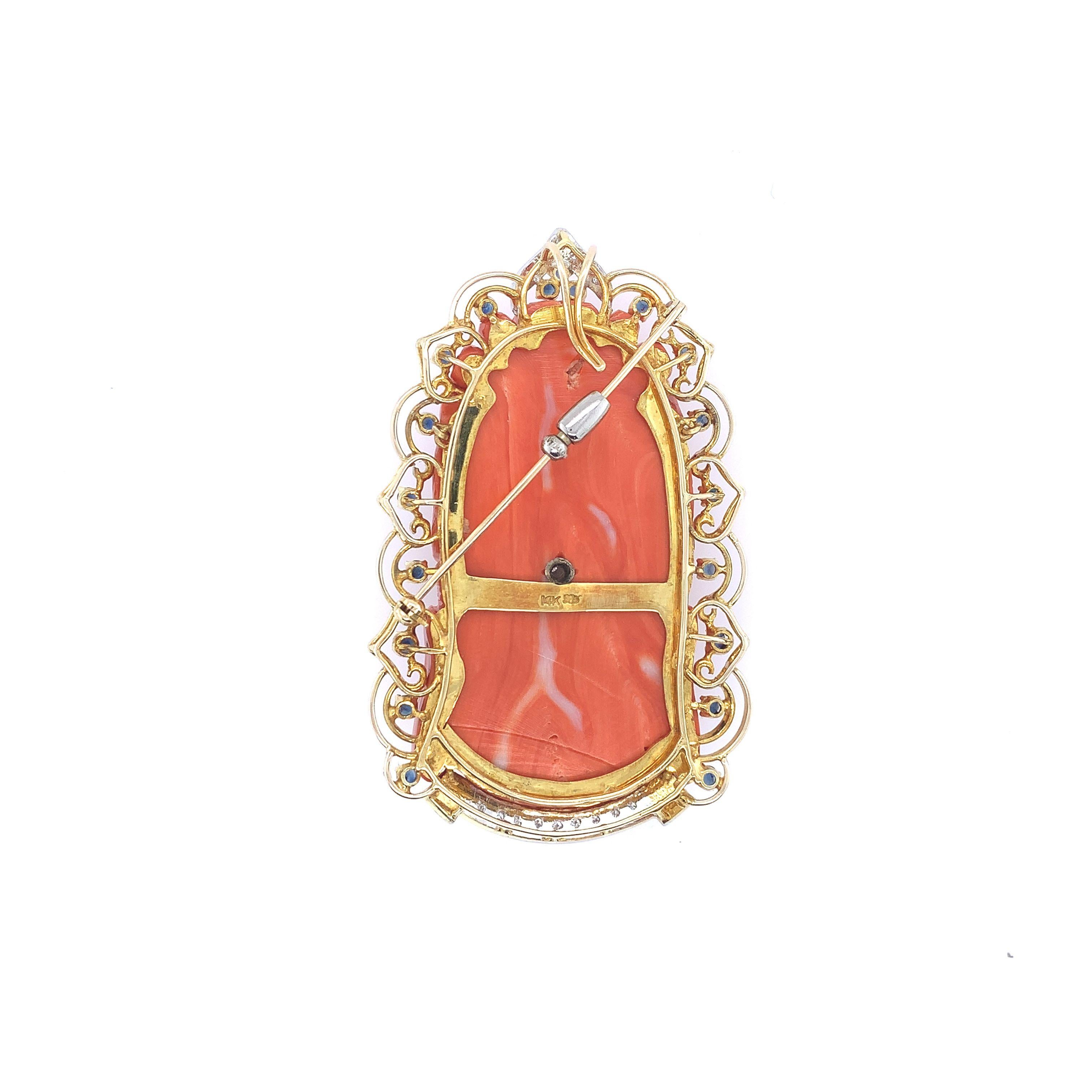 Carved Red Coral, Diamond, and Sapphire Budhha Pendant Brooch For Sale 2