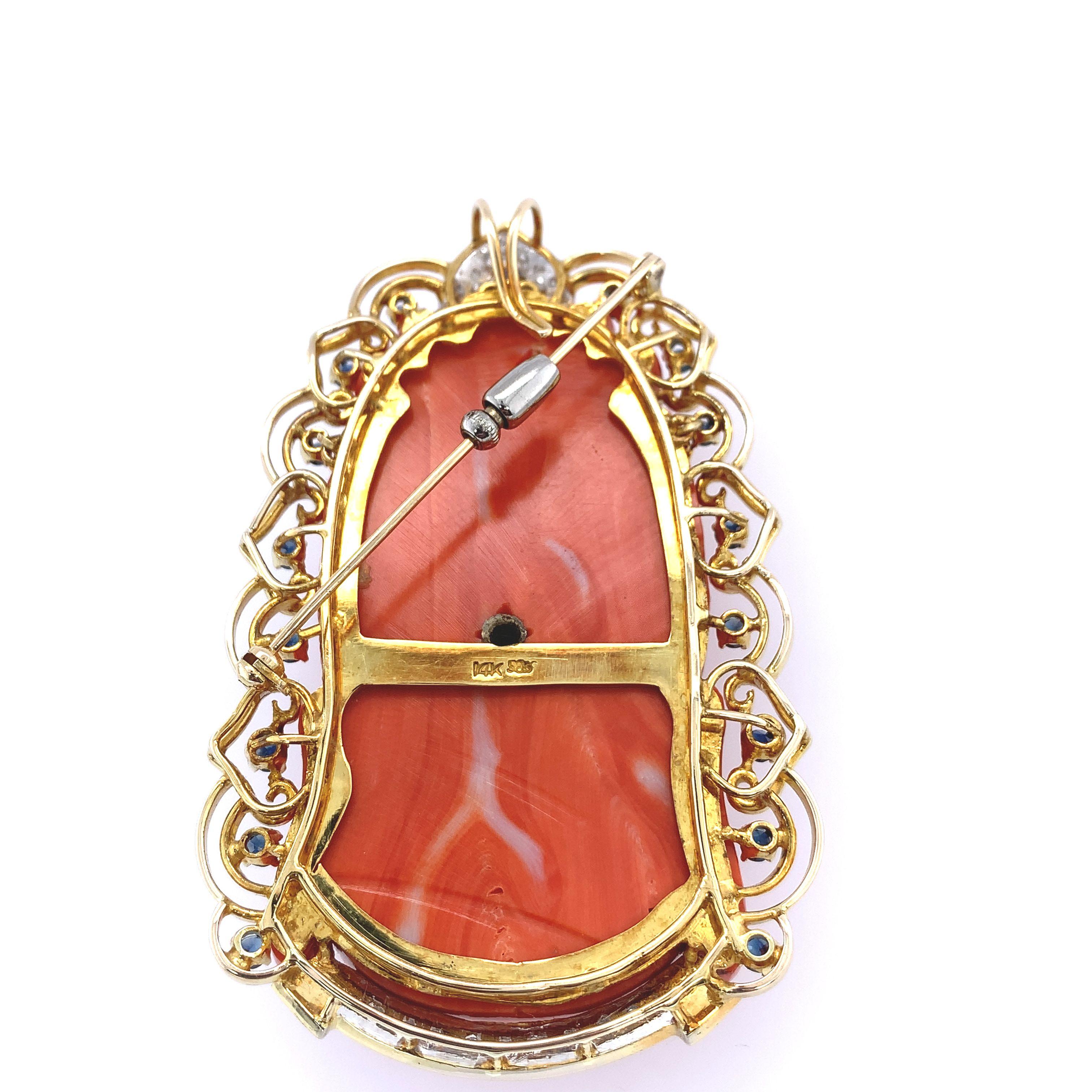 Carved Red Coral, Diamond, and Sapphire Budhha Pendant Brooch For Sale 3