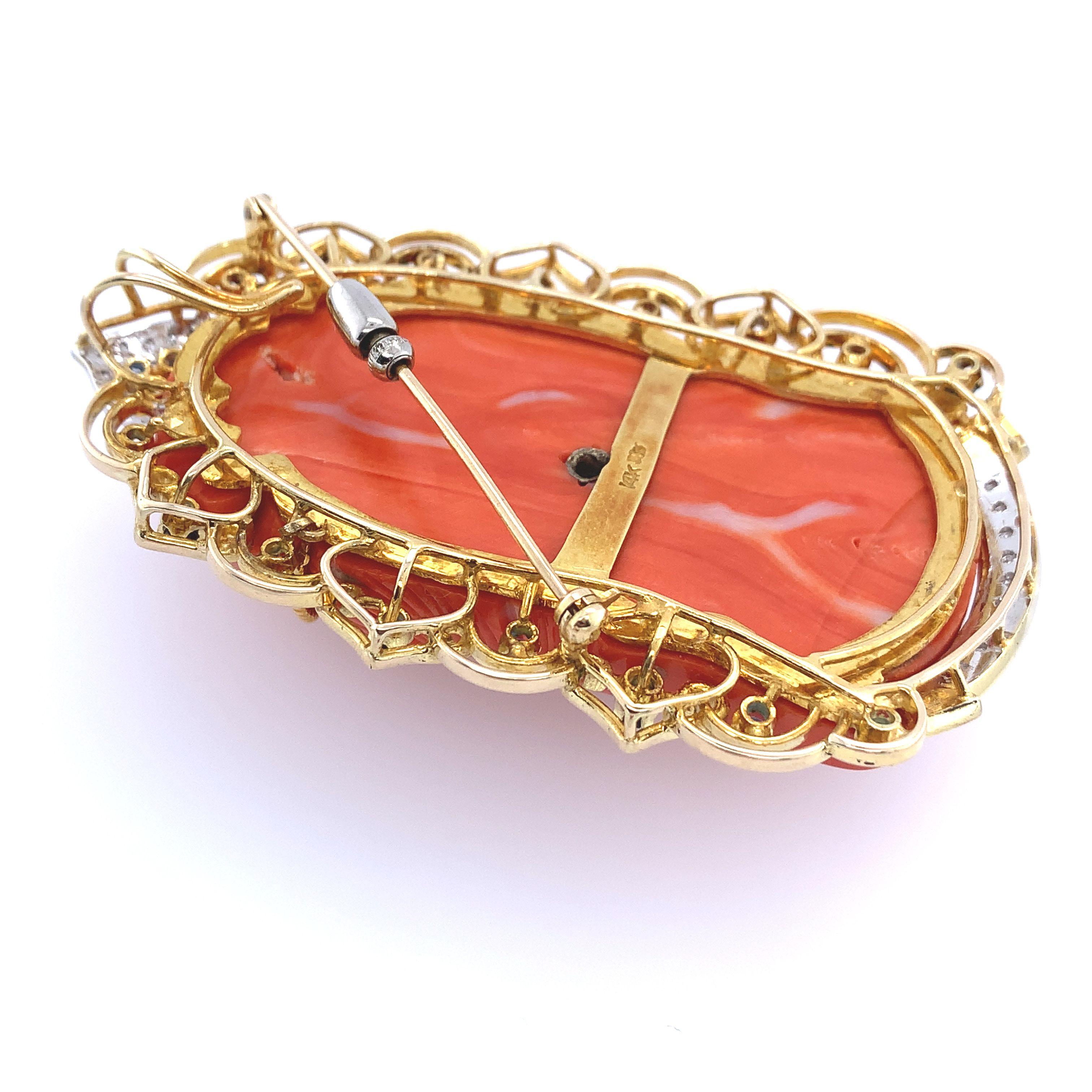 Carved Red Coral, Diamond, and Sapphire Budhha Pendant Brooch For Sale 4